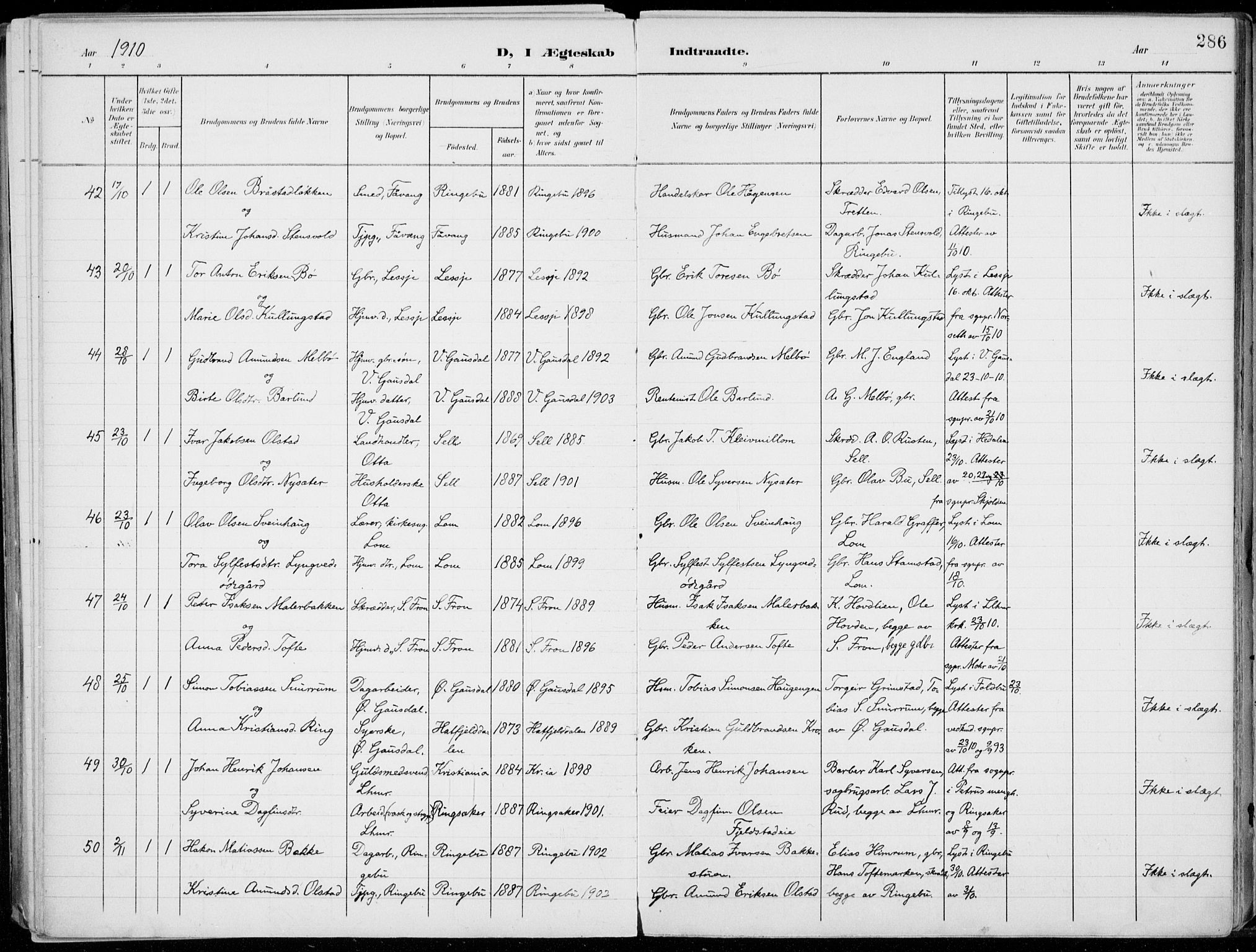 Lillehammer prestekontor, AV/SAH-PREST-088/H/Ha/Haa/L0001: Ministerialbok nr. 1, 1901-1916, s. 286