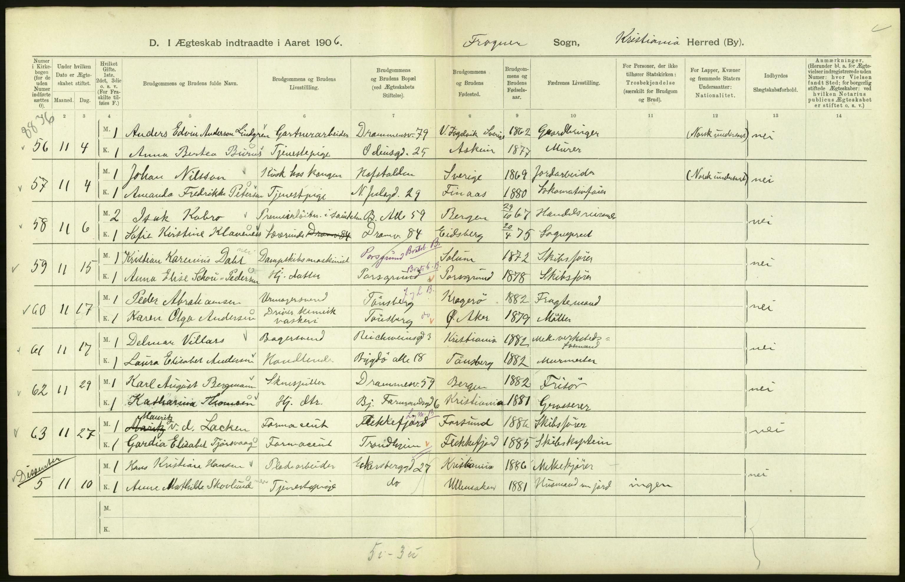 Statistisk sentralbyrå, Sosiodemografiske emner, Befolkning, AV/RA-S-2228/D/Df/Dfa/Dfad/L0008: Kristiania: Gifte, 1906, s. 512