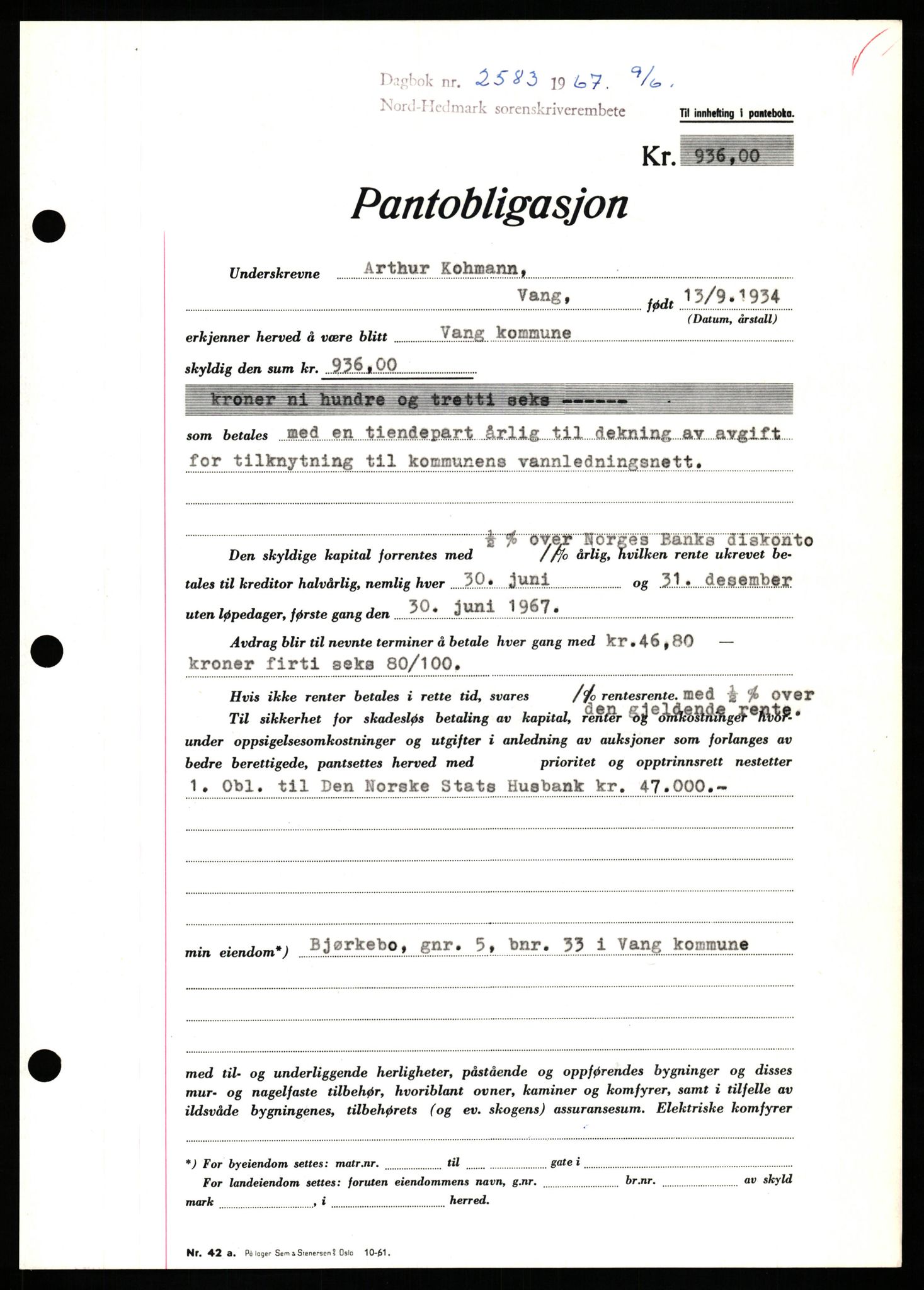 Nord-Hedmark sorenskriveri, SAH/TING-012/H/Hb/Hbf/L0071: Pantebok nr. B71, 1967-1967, Dagboknr: 2583/1967