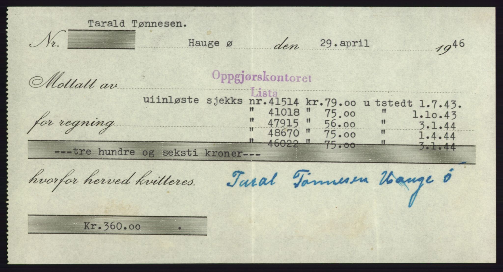 Forsvarsdepartementet, 10. kontor / Oppgjørskontoret, AV/RA-RAFA-1225/D/Db/L0180: Lista oppgjørskontor, 1942-1952, s. 2081