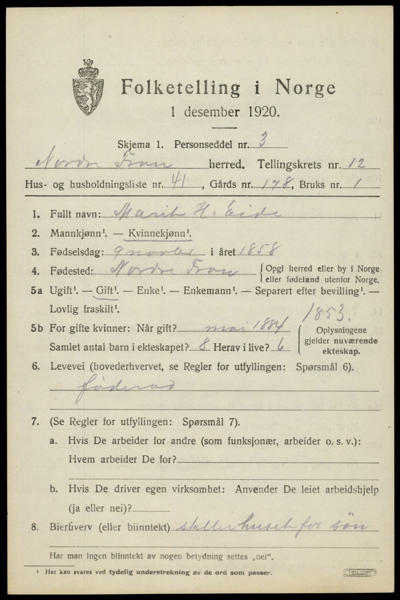 SAH, Folketelling 1920 for 0518 Nord-Fron herred, 1920, s. 10300