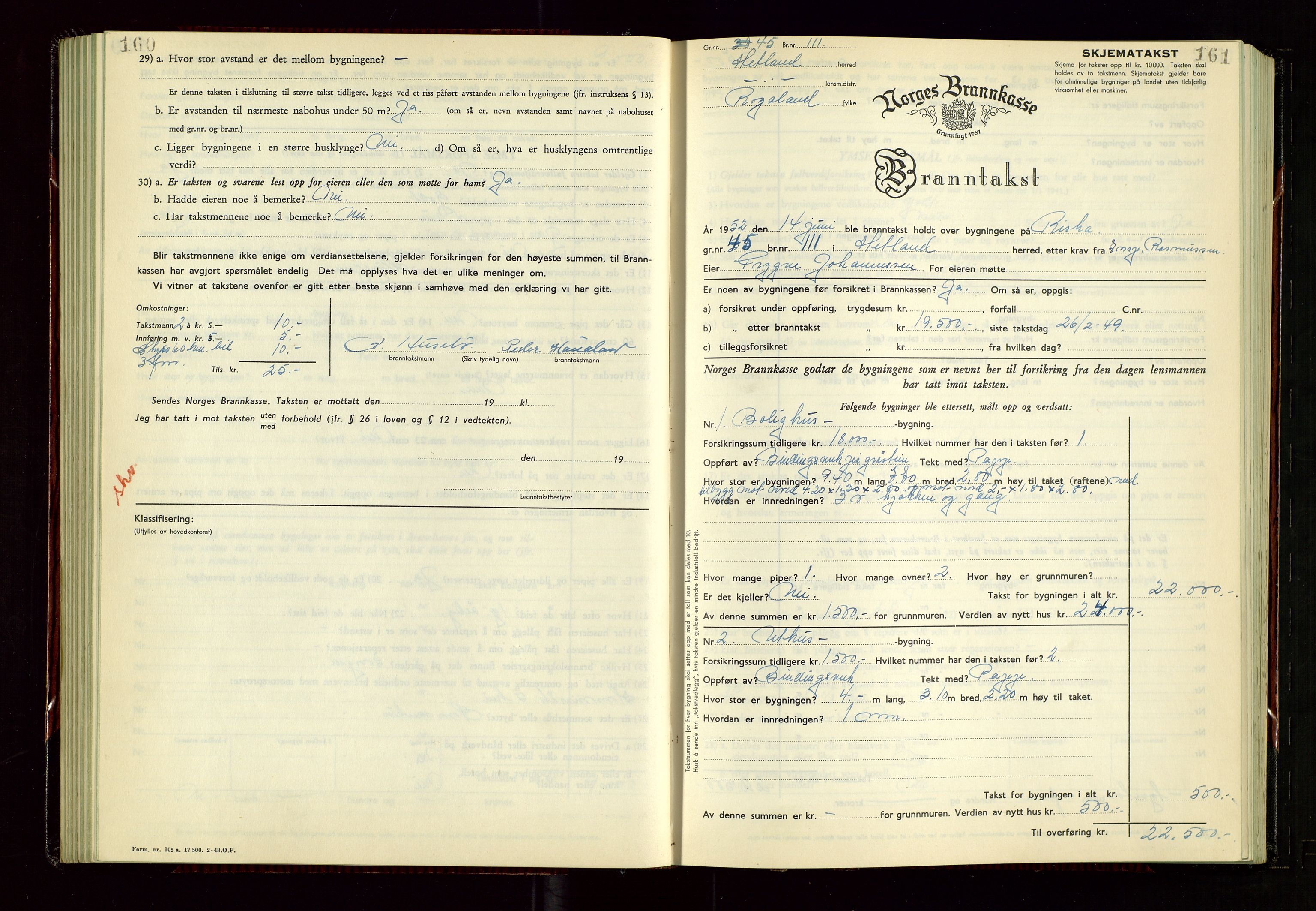 Hetland lensmannskontor, AV/SAST-A-100101/Gob/L0008: "Branntakstprotokoll", 1949-1953, s. 160-161