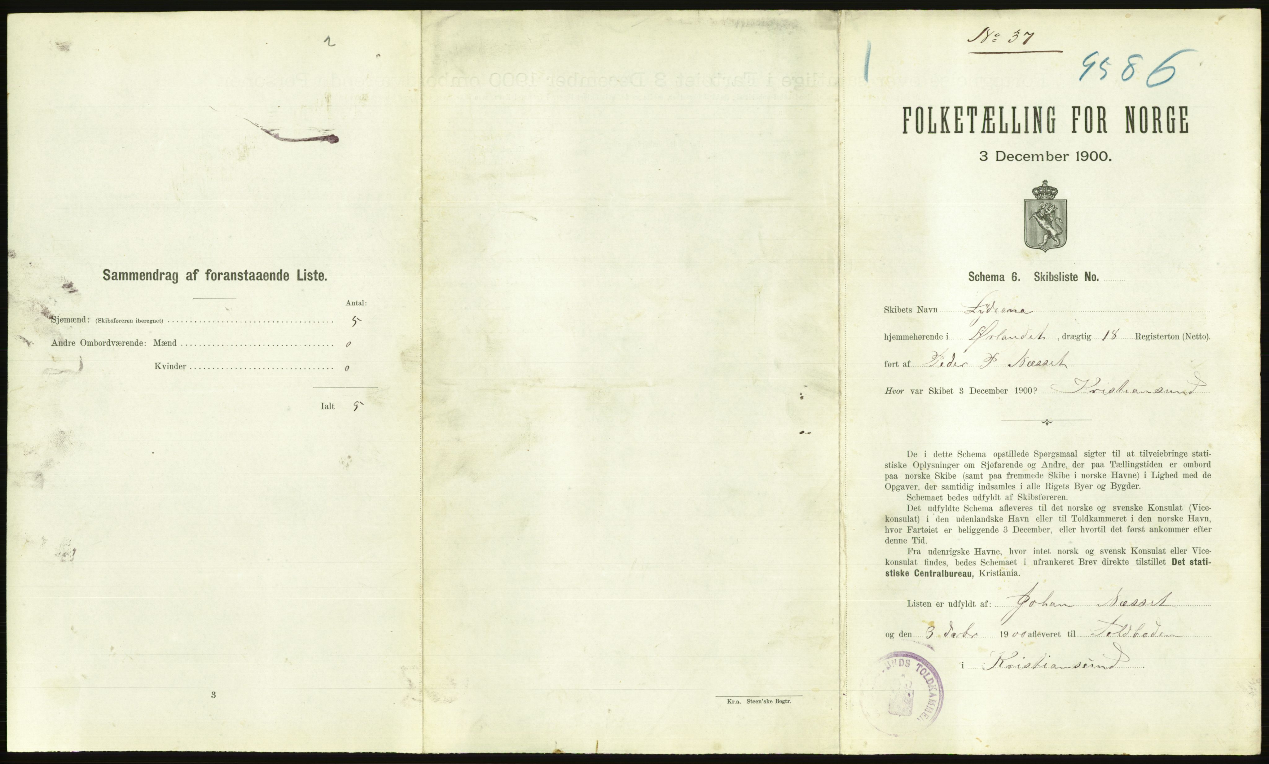 RA, Folketelling 1900 - skipslister med personlister for skip i norske havner, utenlandske havner og til havs, 1900, s. 2197