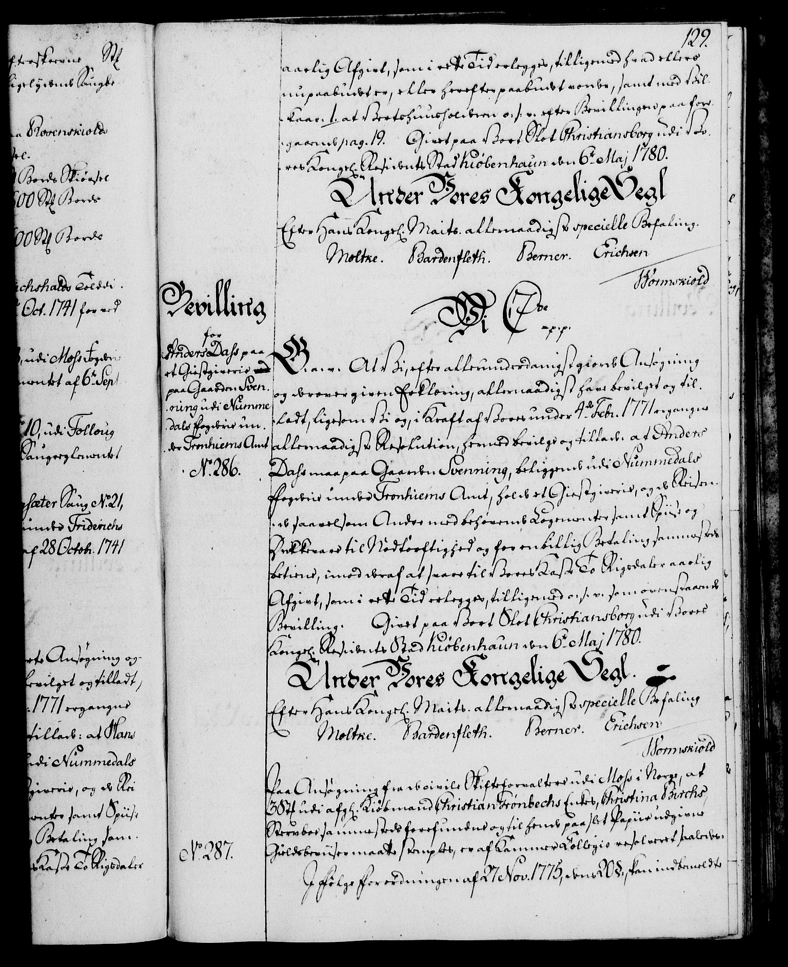 Rentekammeret, Kammerkanselliet, AV/RA-EA-3111/G/Gg/Gga/L0011: Norsk ekspedisjonsprotokoll med register (merket RK 53.11), 1779-1781, s. 129