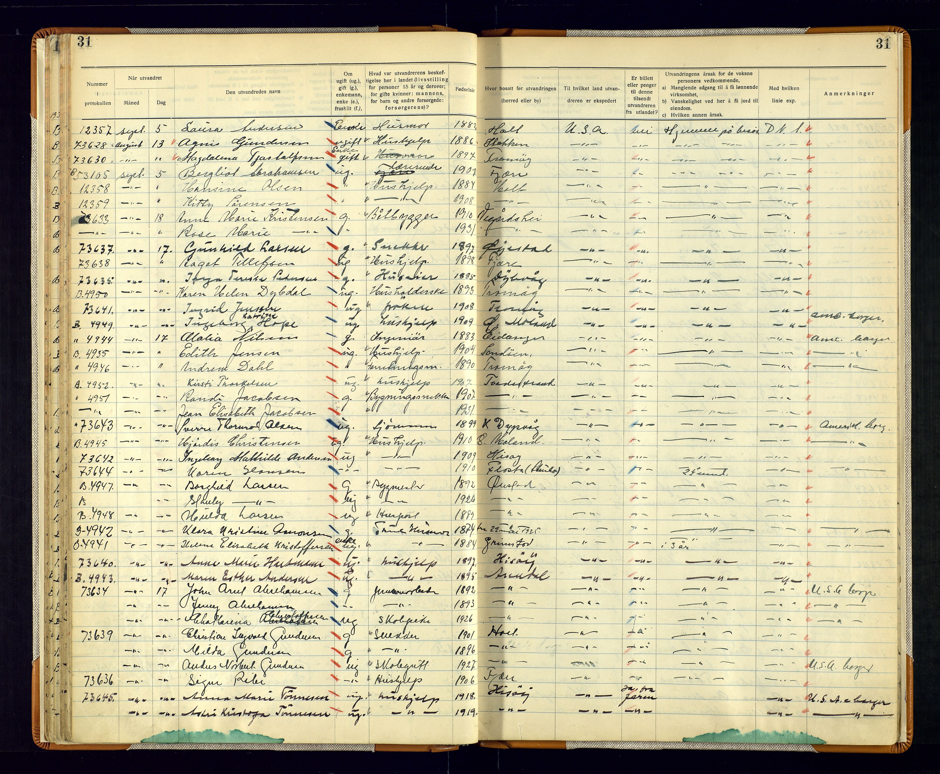 Arendal politikammer - 1, AV/SAK-1243-0001/K/Kb/L0111: Emigrantprotokoll, 1930-1946, s. 31