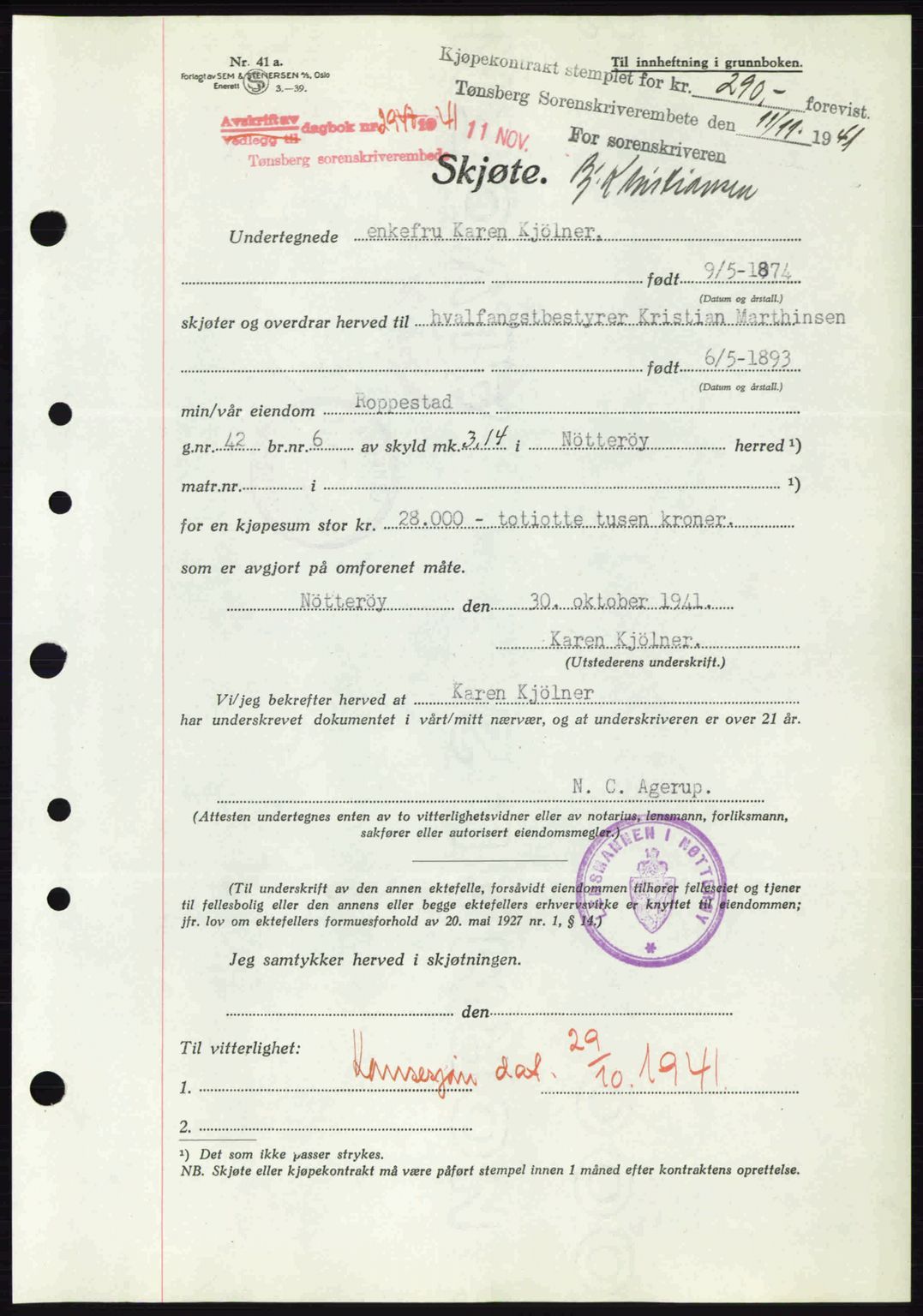 Tønsberg sorenskriveri, AV/SAKO-A-130/G/Ga/Gaa/L0010: Pantebok nr. A10, 1941-1941, Dagboknr: 2947/1941