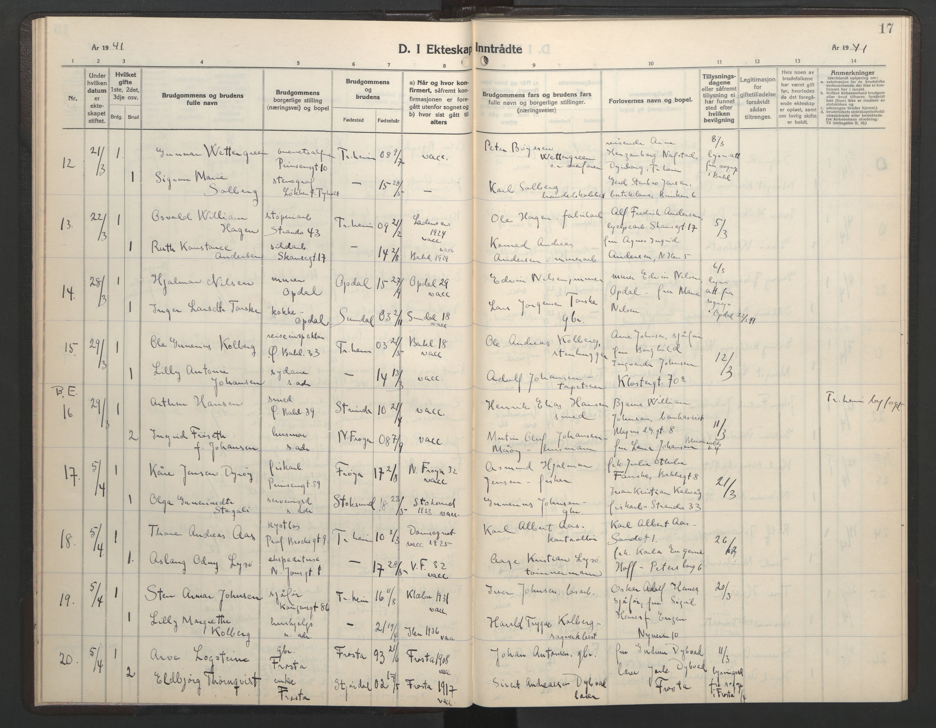 Ministerialprotokoller, klokkerbøker og fødselsregistre - Sør-Trøndelag, AV/SAT-A-1456/602/L0154: Klokkerbok nr. 602C22, 1940-1947, s. 17