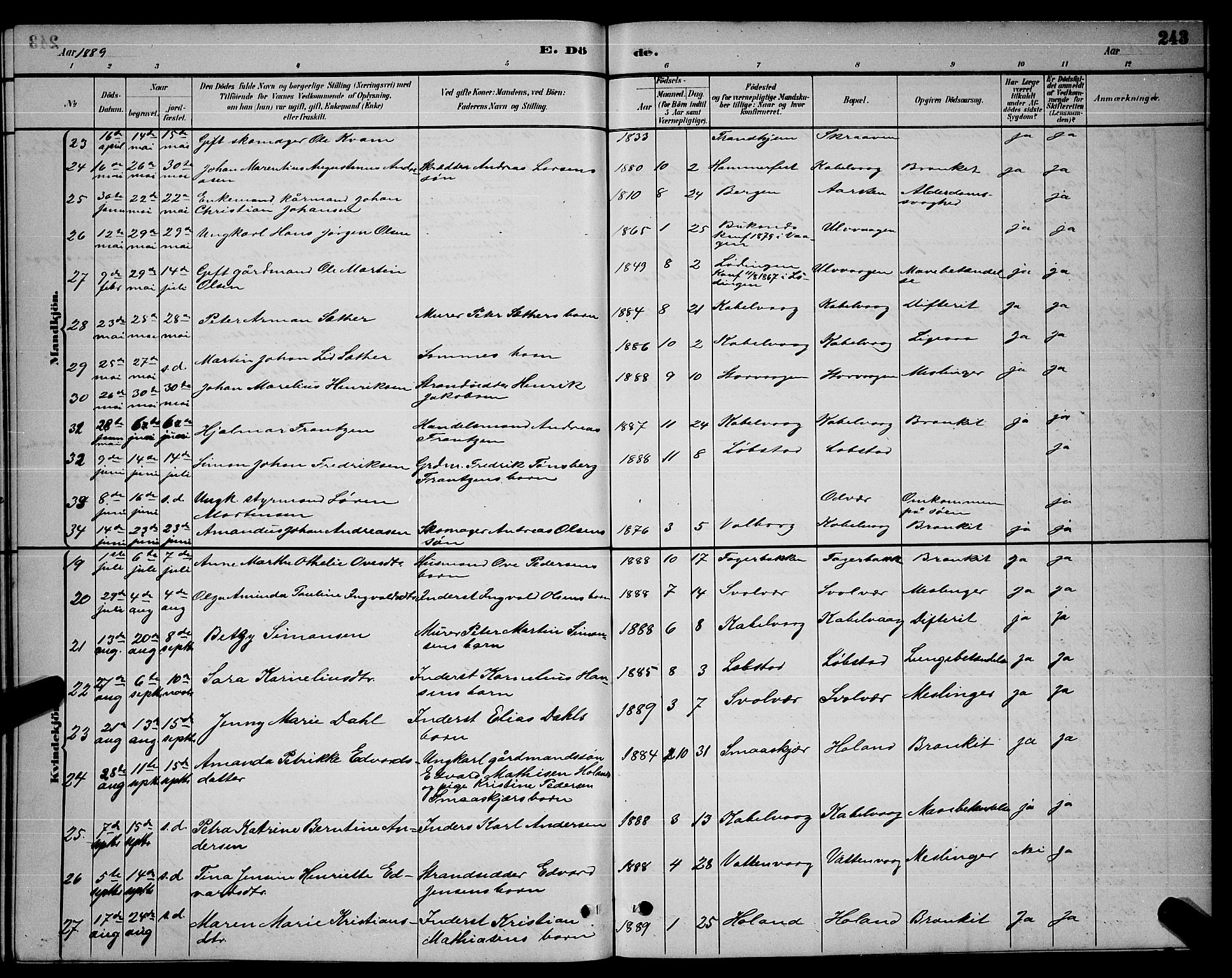 Ministerialprotokoller, klokkerbøker og fødselsregistre - Nordland, AV/SAT-A-1459/874/L1076: Klokkerbok nr. 874C05, 1884-1890, s. 243