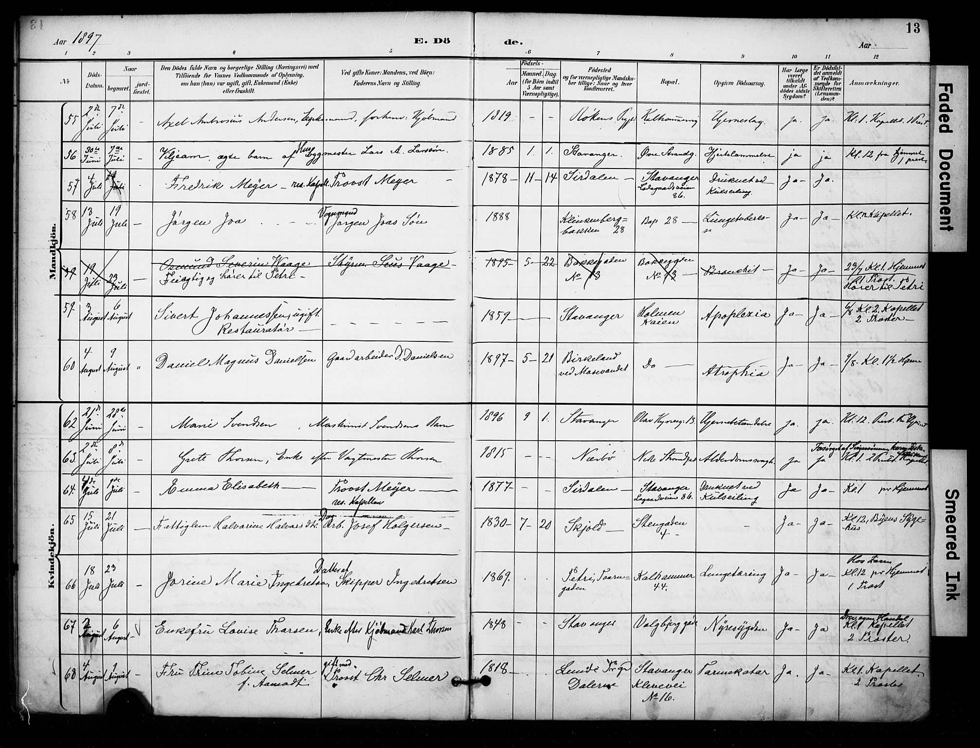 Domkirken sokneprestkontor, AV/SAST-A-101812/001/30/30BA/L0032: Ministerialbok nr. A 31, 1896-1917, s. 13