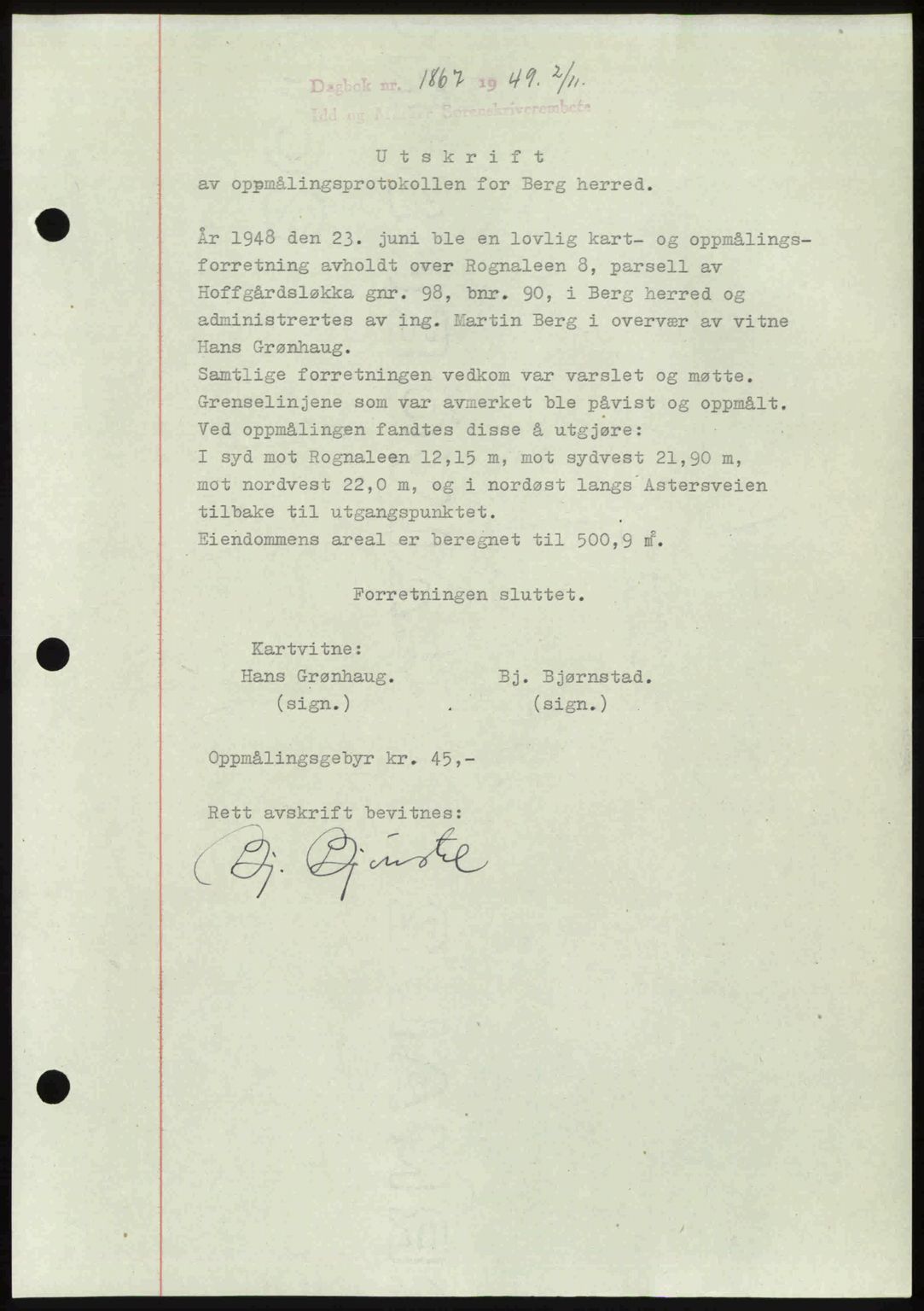 Idd og Marker sorenskriveri, SAO/A-10283/G/Gb/Gbb/L0013: Pantebok nr. A13, 1949-1950, Dagboknr: 1867/1949