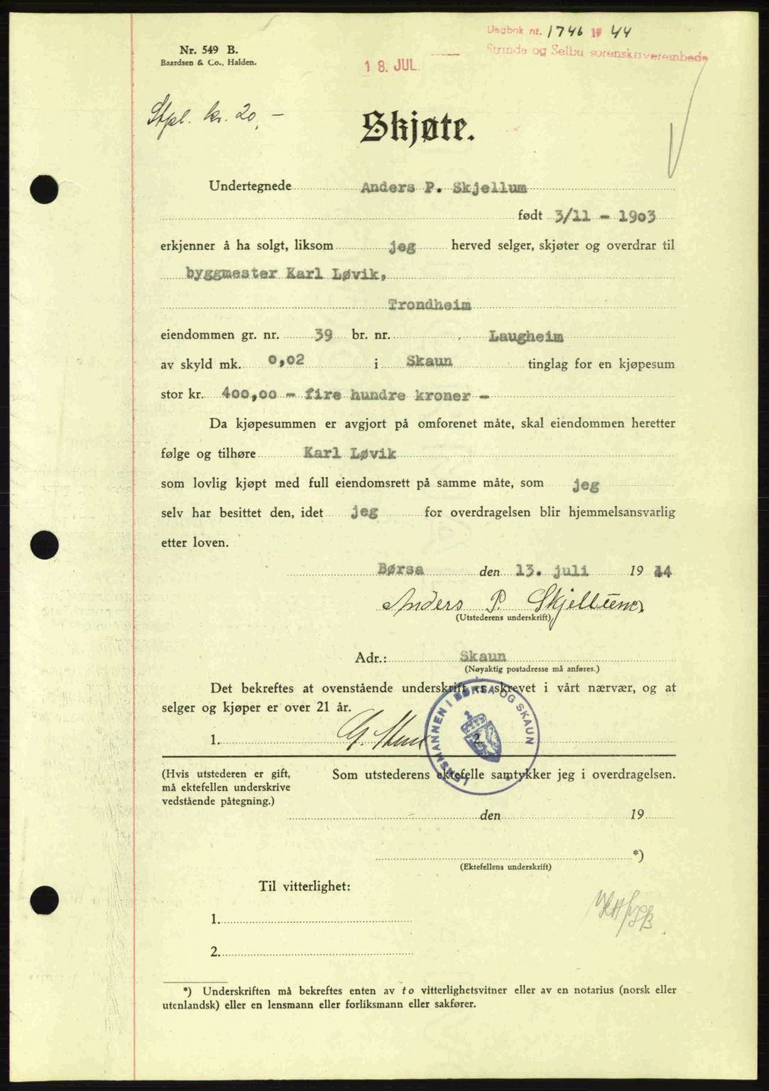 Strinda og Selbu sorenskriveri, SAT/A-0015/2/2C: Pantebok nr. A9, 1944-1945, Dagboknr: 1746/1944