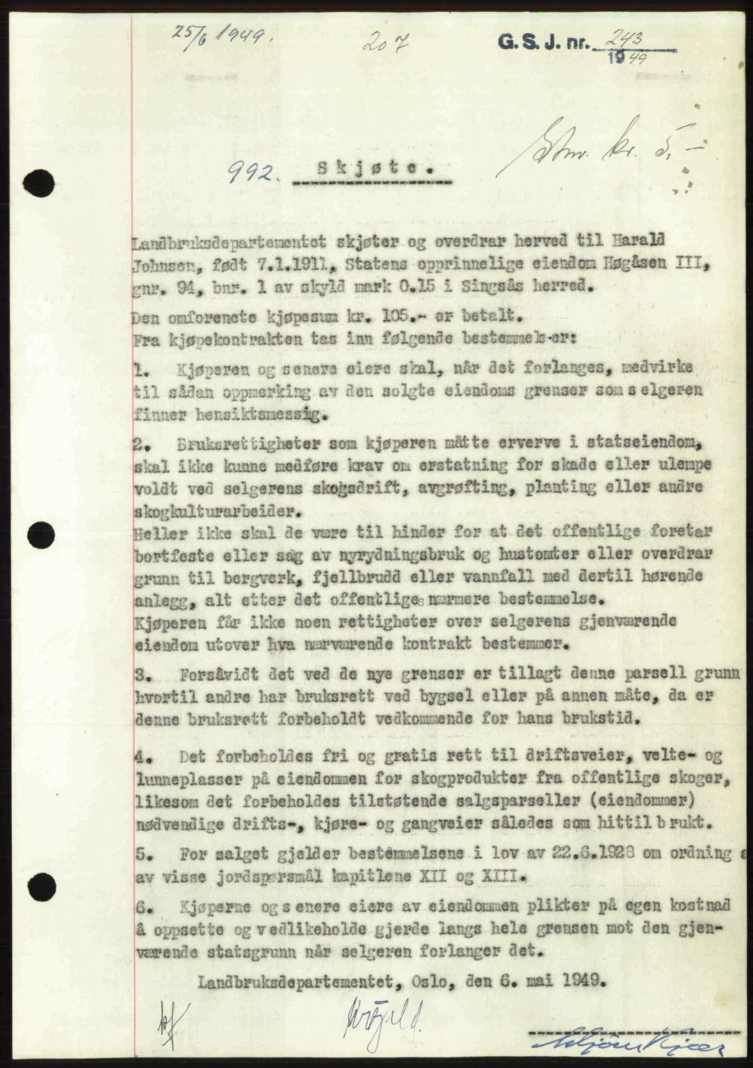 Gauldal sorenskriveri, SAT/A-0014/1/2/2C: Pantebok nr. A8, 1949-1949, Dagboknr: 992/1949