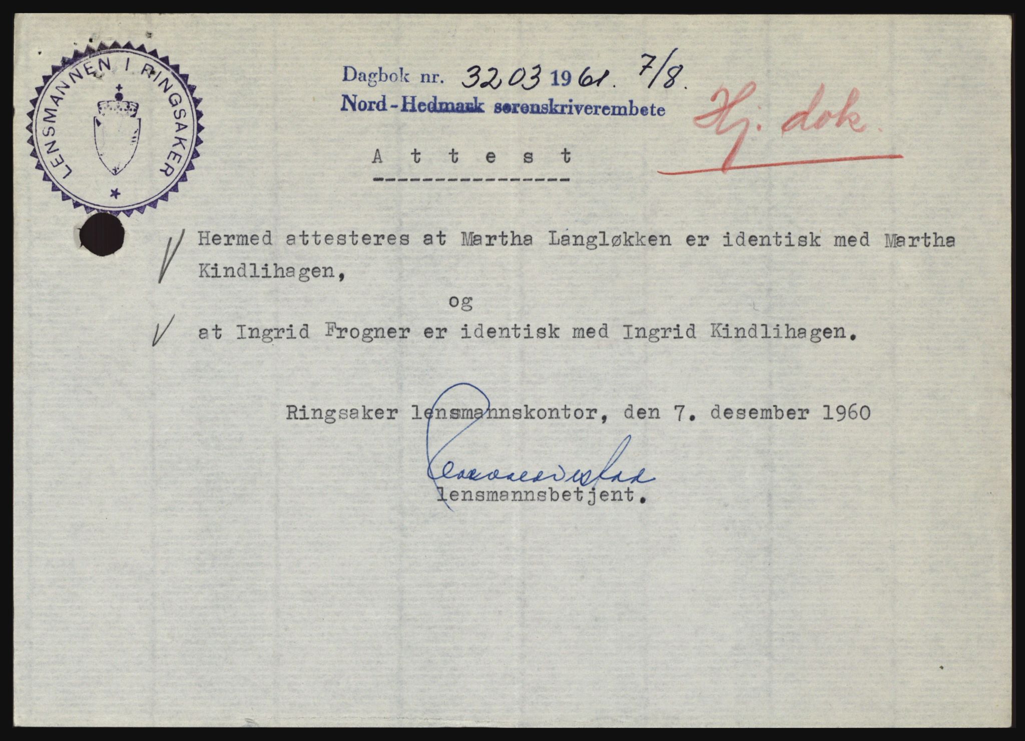 Nord-Hedmark sorenskriveri, SAH/TING-012/H/Hc/L0015: Pantebok nr. 15, 1961-1961, Dagboknr: 3203/1961