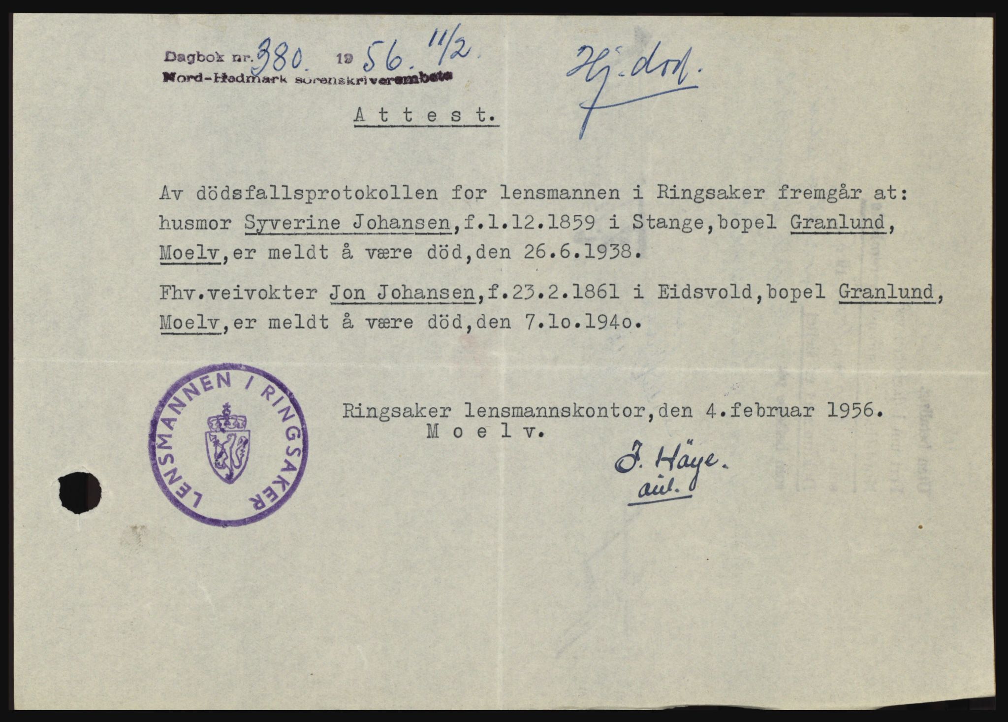 Nord-Hedmark sorenskriveri, SAH/TING-012/H/Hc/L0010: Pantebok nr. 10, 1955-1956, Dagboknr: 380/1956