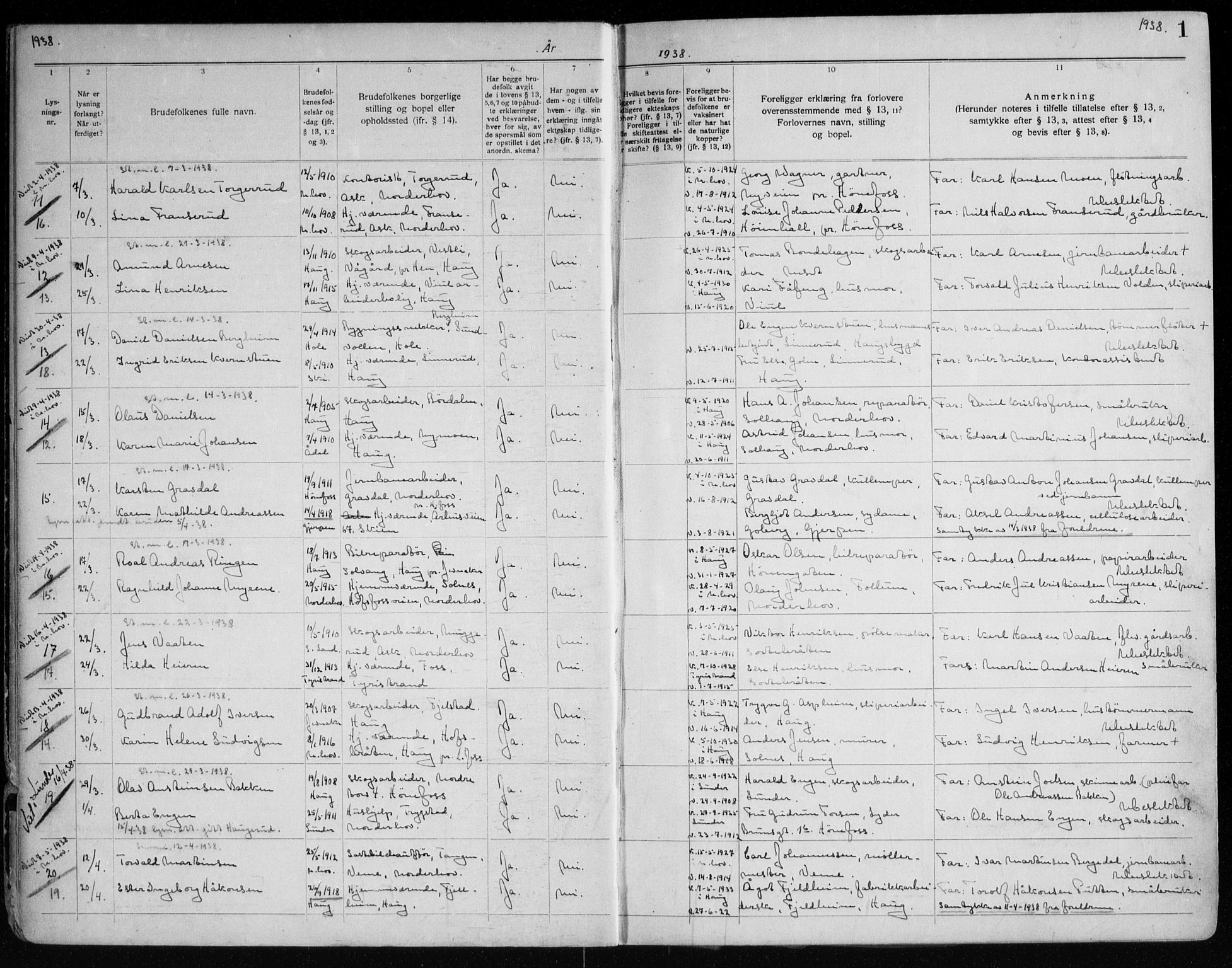 Norderhov kirkebøker, AV/SAKO-A-237/H/Ha/L0005: Lysningsprotokoll nr. 5, 1938-1954, s. 1