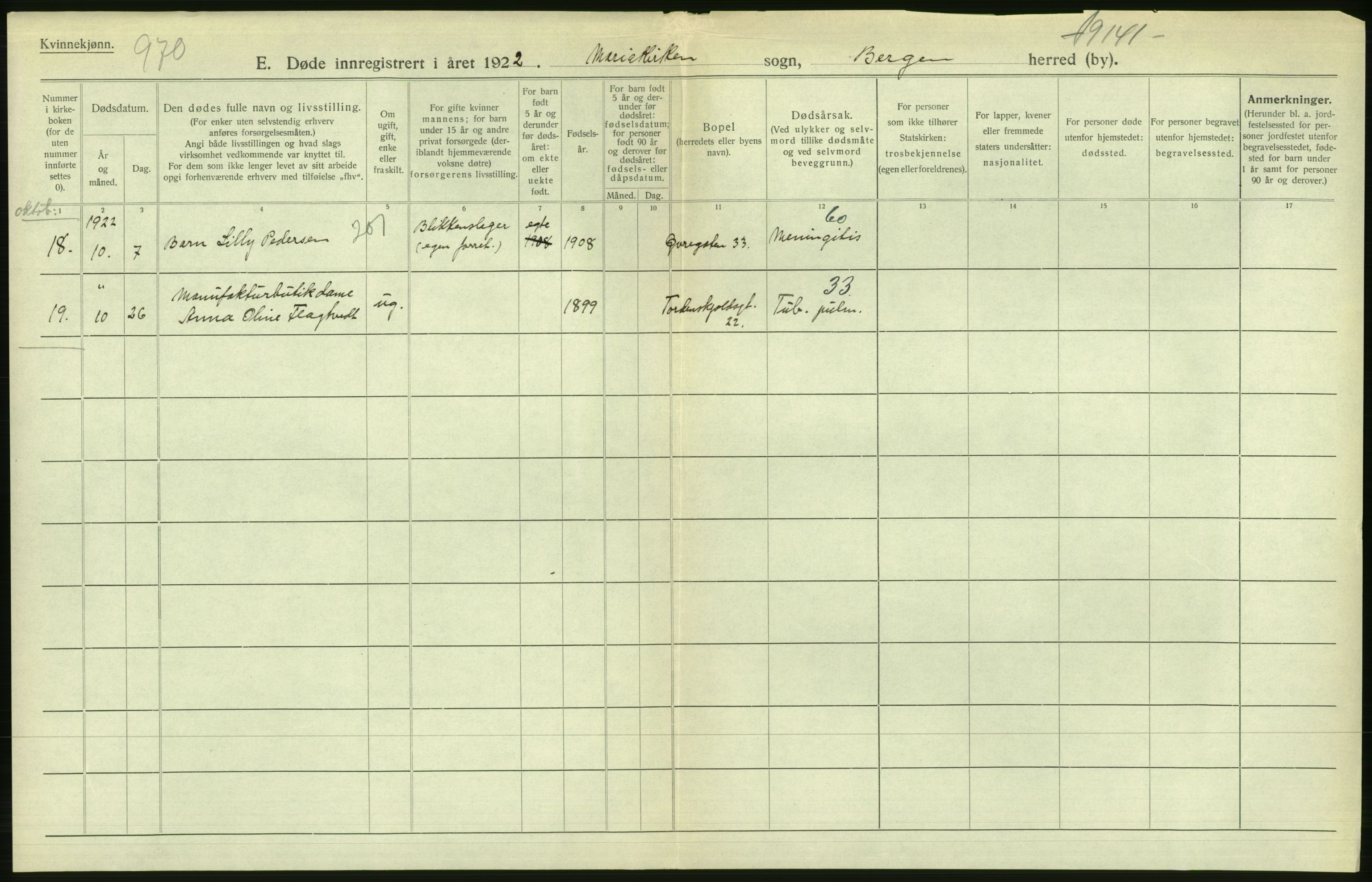 Statistisk sentralbyrå, Sosiodemografiske emner, Befolkning, AV/RA-S-2228/D/Df/Dfc/Dfcb/L0030: Bergen: Gifte, døde, dødfødte., 1922, s. 578