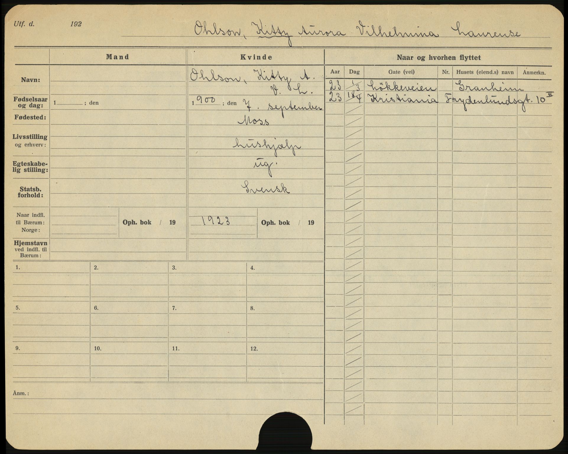 Bærum folkeregister, AV/SAO-A-10504/F/L0003: Utflyttede, 1923