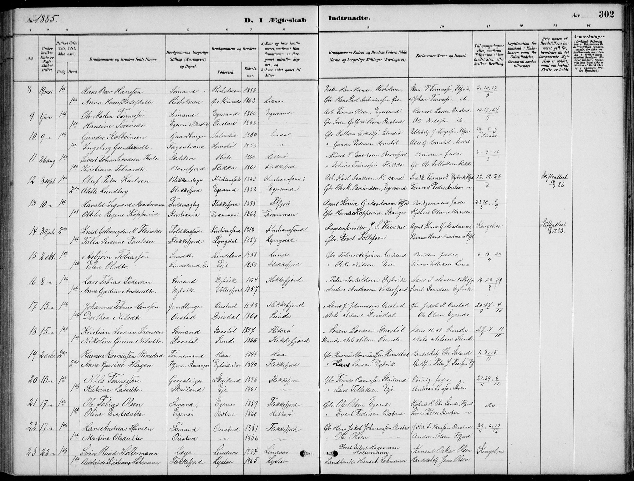 Flekkefjord sokneprestkontor, AV/SAK-1111-0012/F/Fb/Fbc/L0007: Klokkerbok nr. B 7, 1880-1902, s. 302