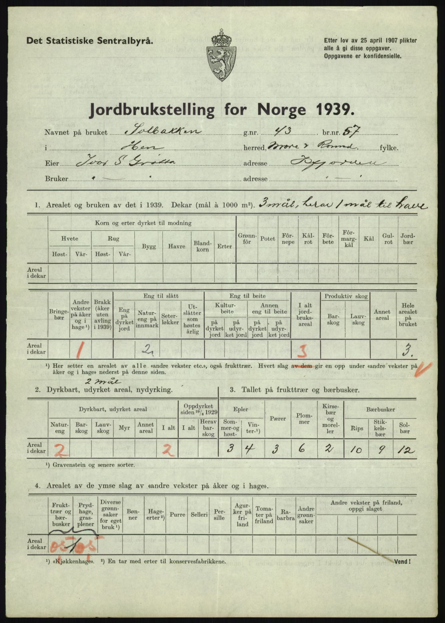 Statistisk sentralbyrå, Næringsøkonomiske emner, Jordbruk, skogbruk, jakt, fiske og fangst, AV/RA-S-2234/G/Gb/L0251: Møre og Romsdal: Voll, Eid, Grytten og Hen, 1939, s. 1057