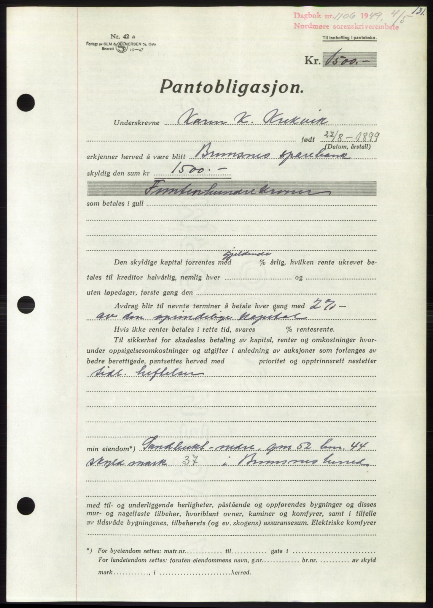 Nordmøre sorenskriveri, SAT/A-4132/1/2/2Ca: Pantebok nr. B101, 1949-1949, Dagboknr: 1106/1949