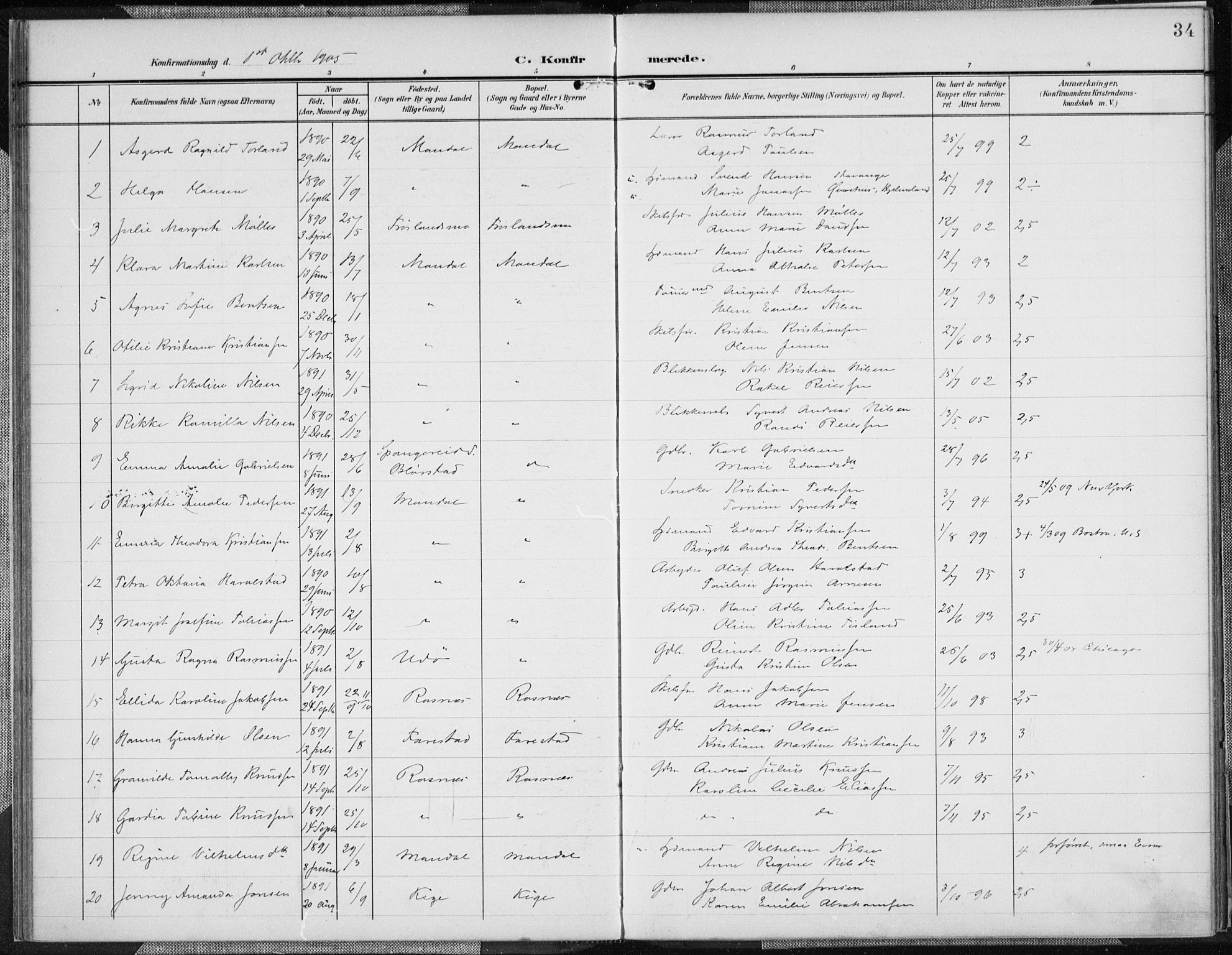 Mandal sokneprestkontor, AV/SAK-1111-0030/F/Fa/Faa/L0019: Ministerialbok nr. A 19, 1902-1912, s. 34