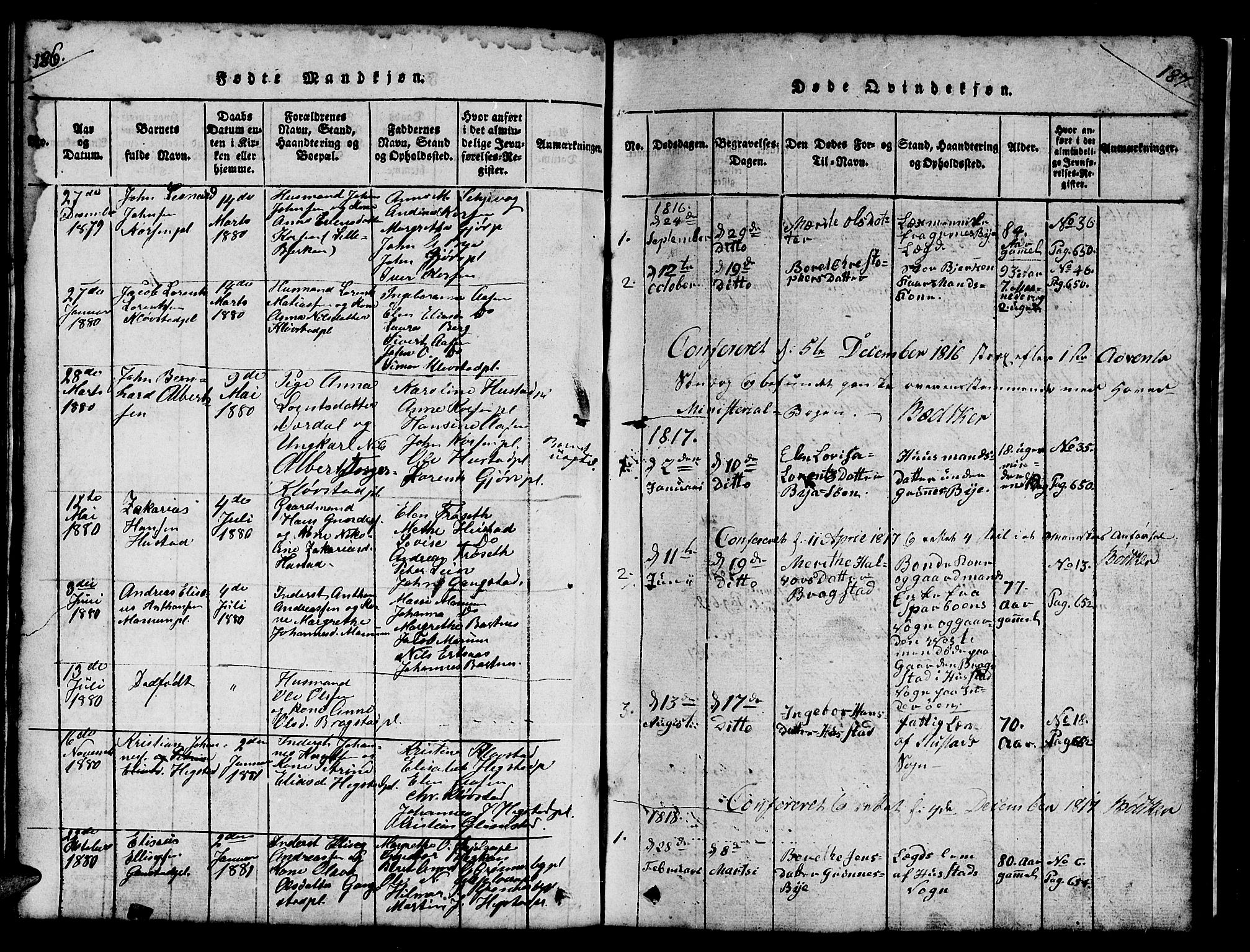 Ministerialprotokoller, klokkerbøker og fødselsregistre - Nord-Trøndelag, SAT/A-1458/732/L0317: Klokkerbok nr. 732C01, 1816-1881, s. 186-187
