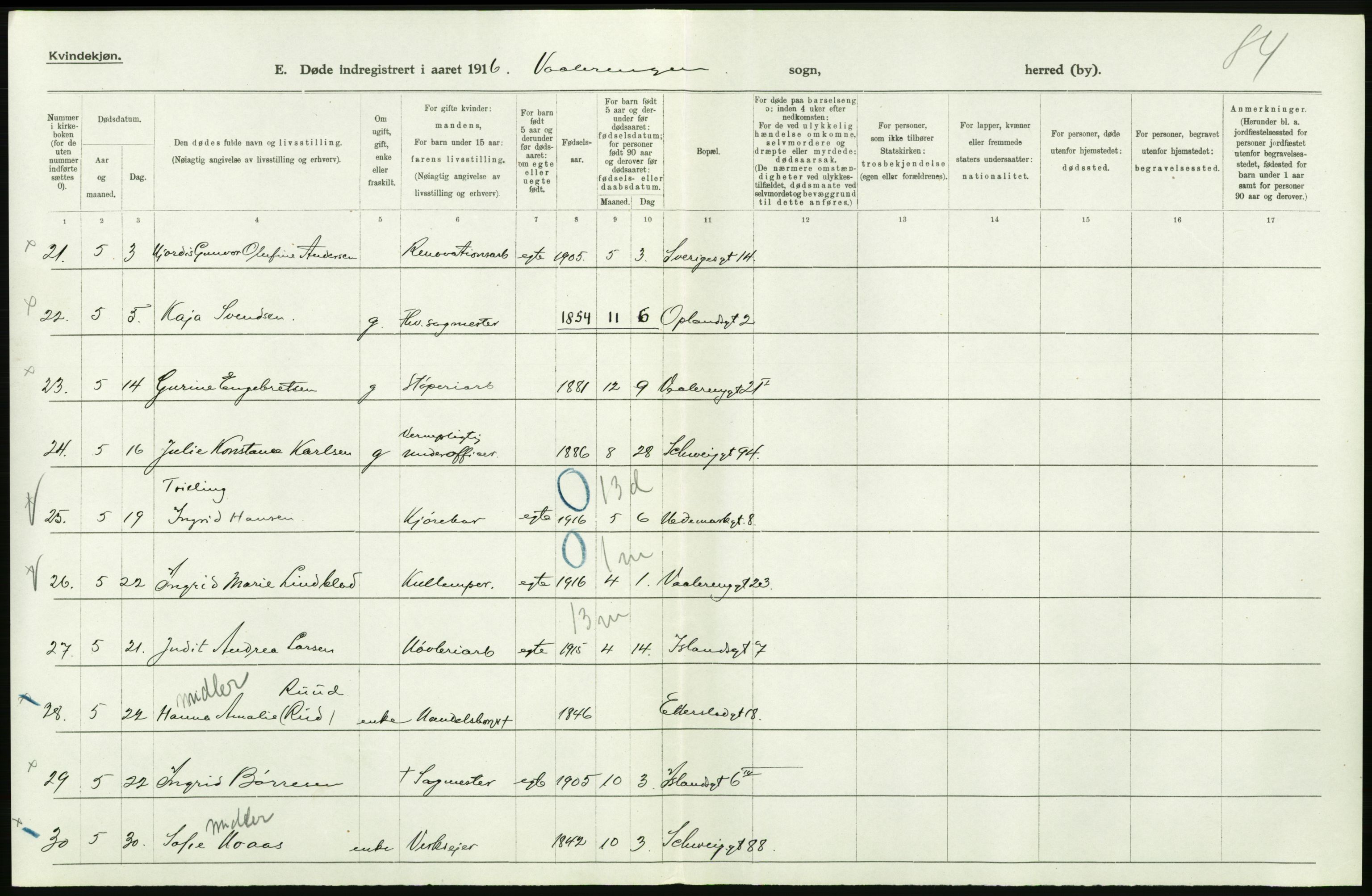 Statistisk sentralbyrå, Sosiodemografiske emner, Befolkning, RA/S-2228/D/Df/Dfb/Dfbf/L0009: Kristiania: Døde., 1916, s. 346