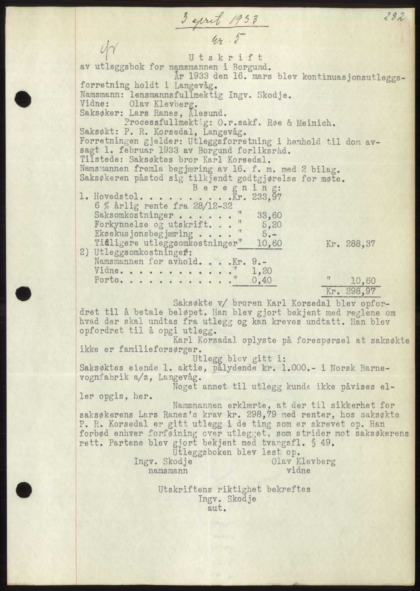 Nordre Sunnmøre sorenskriveri, AV/SAT-A-0006/1/2/2C/2Ca/L0052: Pantebok nr. 52, 1933-1933, Tingl.dato: 03.04.1933