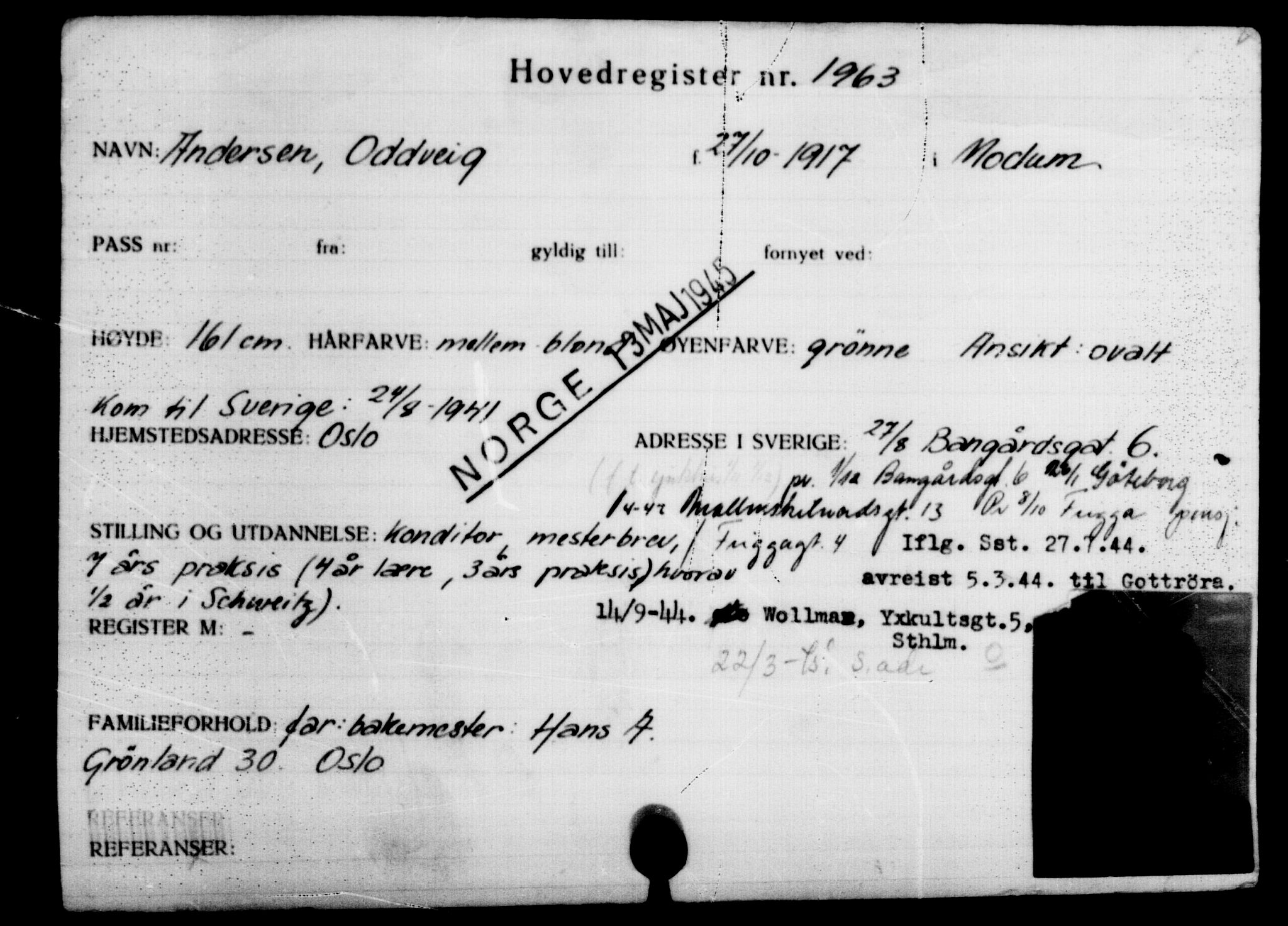 Utenriksstasjonene, Legasjonen i Stockholm, Flyktningkontoret, AV/RA-S-6753/V/Va/L0002: Kjesäterkartoteket, flyktninger med registreringsnr. 1001-2000, 1940-1945, s. 1373