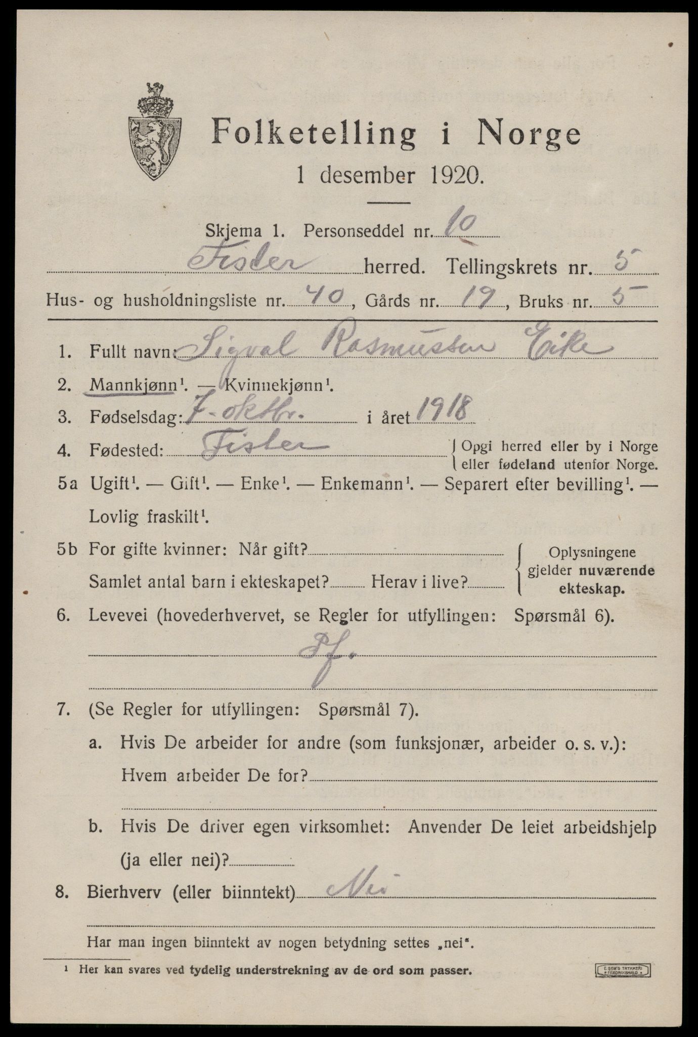 SAST, Folketelling 1920 for 1132 Fister herred, 1920, s. 1751
