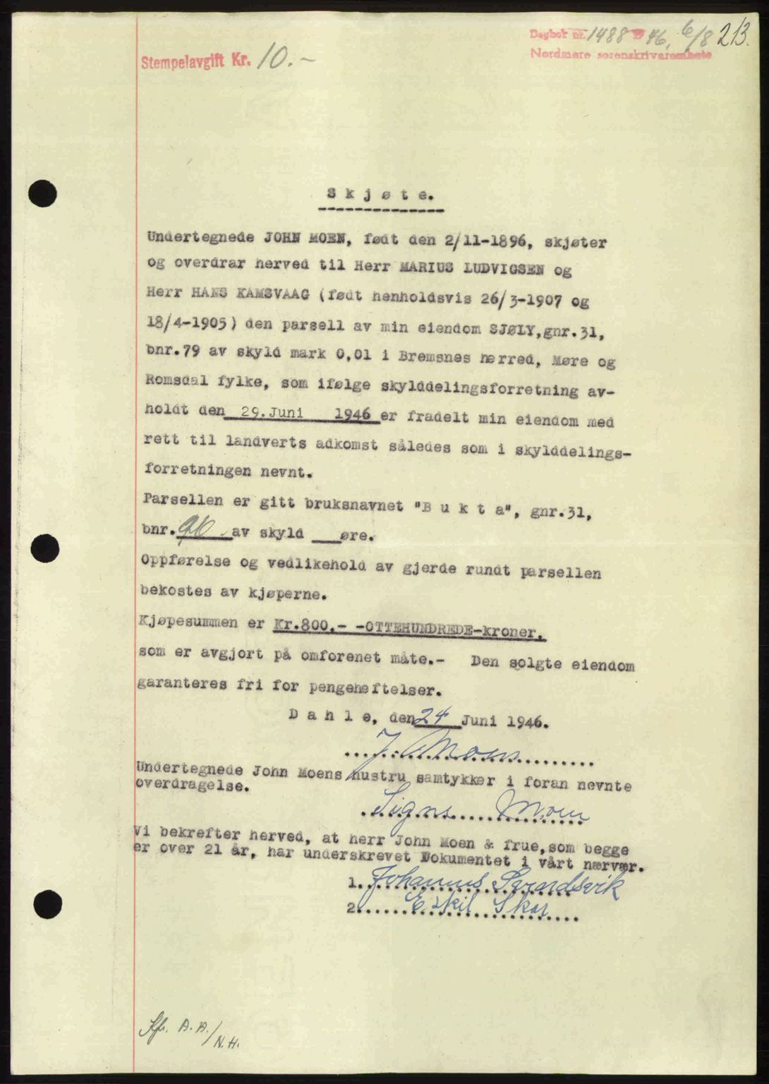 Nordmøre sorenskriveri, SAT/A-4132/1/2/2Ca: Pantebok nr. A102, 1946-1946, Dagboknr: 1488/1946
