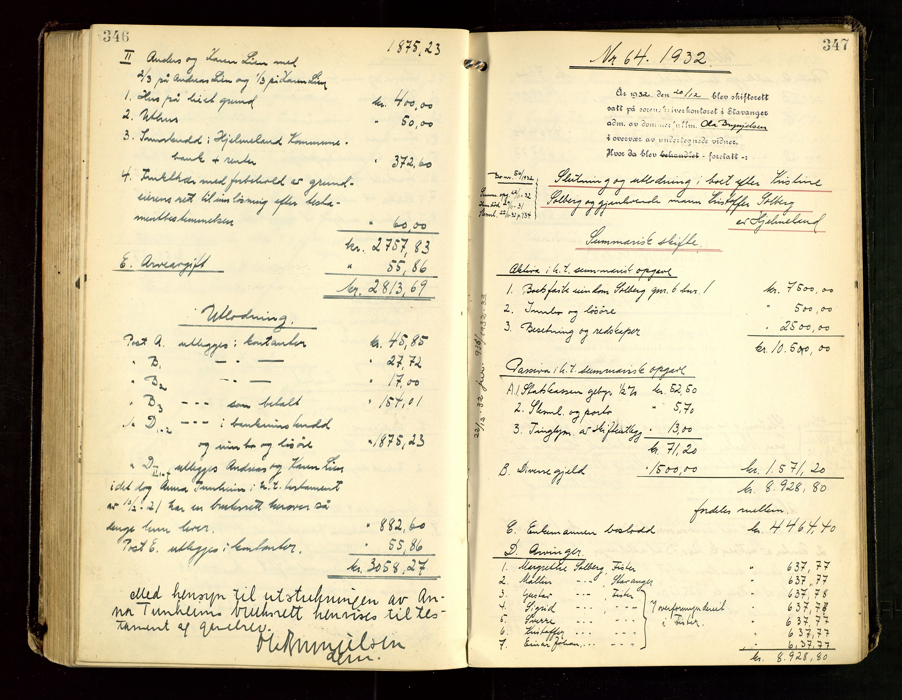 Ryfylke tingrett, AV/SAST-A-100055/001/IV/IVG/L0007: Skifteutlodningsprotokoll Med register, 1929-1933, s. 346-347