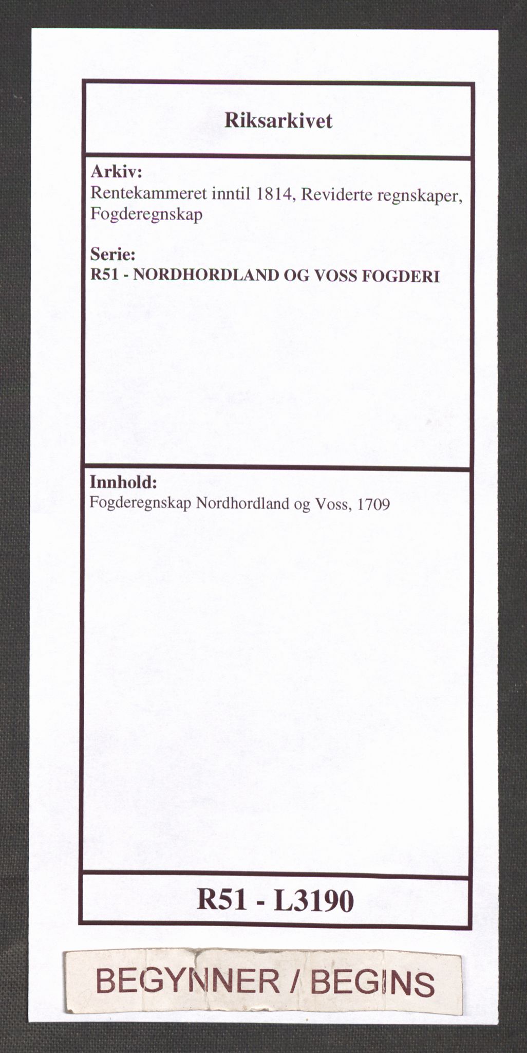Rentekammeret inntil 1814, Reviderte regnskaper, Fogderegnskap, RA/EA-4092/R51/L3190: Fogderegnskap Nordhordland og Voss, 1709, s. 1
