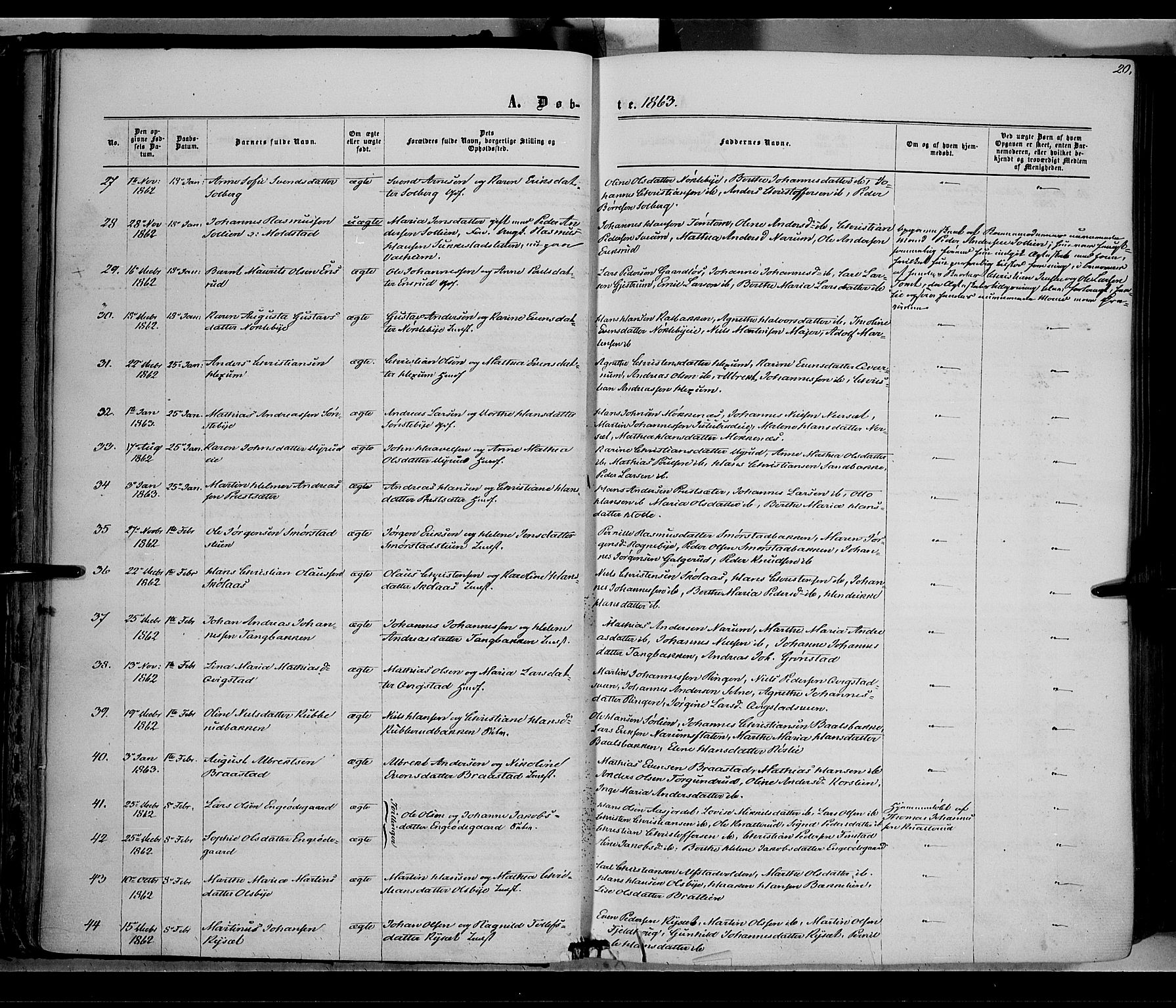 Vestre Toten prestekontor, AV/SAH-PREST-108/H/Ha/Haa/L0007: Ministerialbok nr. 7, 1862-1869, s. 20