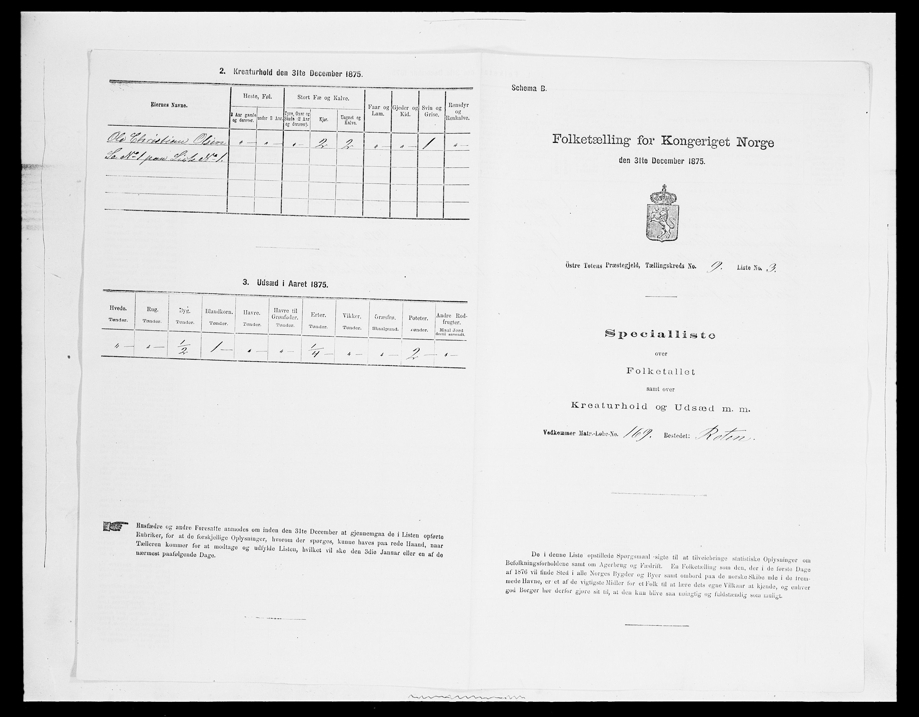 SAH, Folketelling 1875 for 0528P Østre Toten prestegjeld, 1875, s. 1619