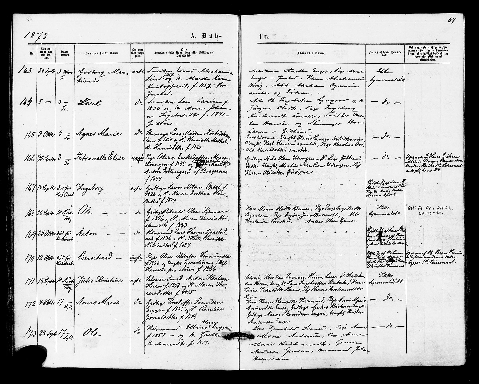 Lier kirkebøker, AV/SAKO-A-230/F/Fa/L0014: Ministerialbok nr. I 14, 1875-1882, s. 67