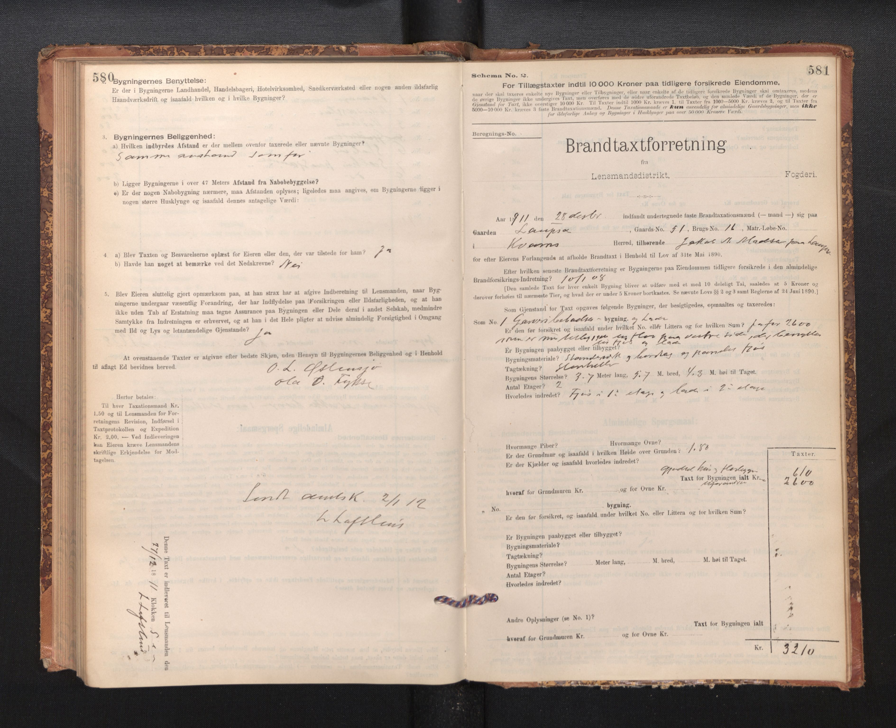 Lensmannen i Kvam, SAB/A-33201/0012/L0005: Branntakstprotokoll, skjematakst, 1894-1913, s. 580-581