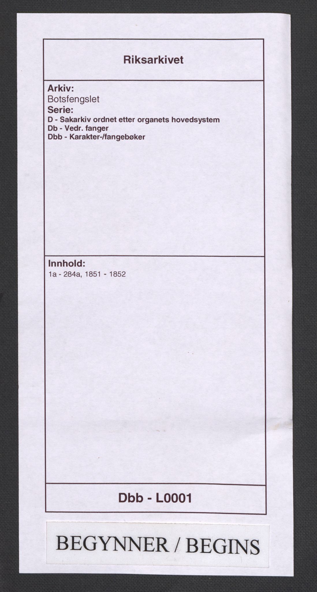 Botsfengslet, RA/S-1539/D/Db/Dbb/L0001: 1a - 284a, 1851-1852