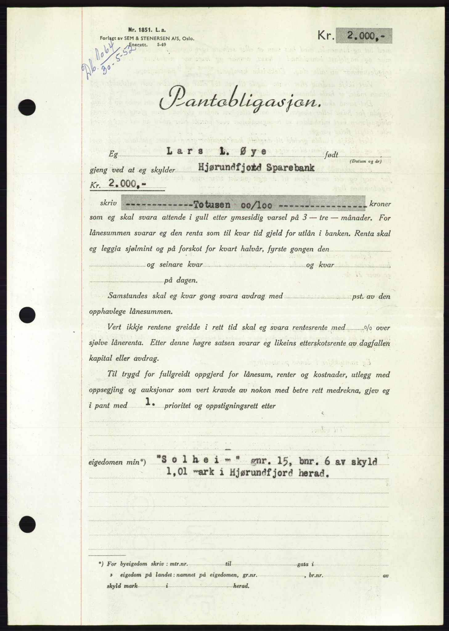 Søre Sunnmøre sorenskriveri, AV/SAT-A-4122/1/2/2C/L0121: Pantebok nr. 9B, 1951-1952, Dagboknr: 1064/1952