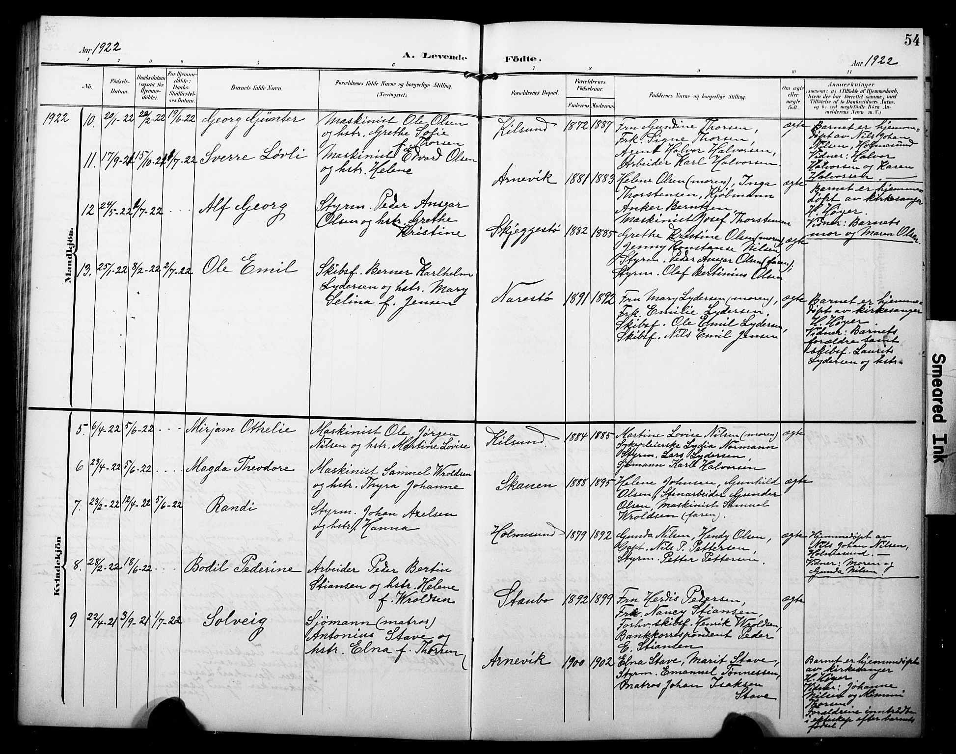 Dypvåg sokneprestkontor, AV/SAK-1111-0007/F/Fb/Fbb/L0005: Klokkerbok nr. B 5, 1905-1924, s. 54