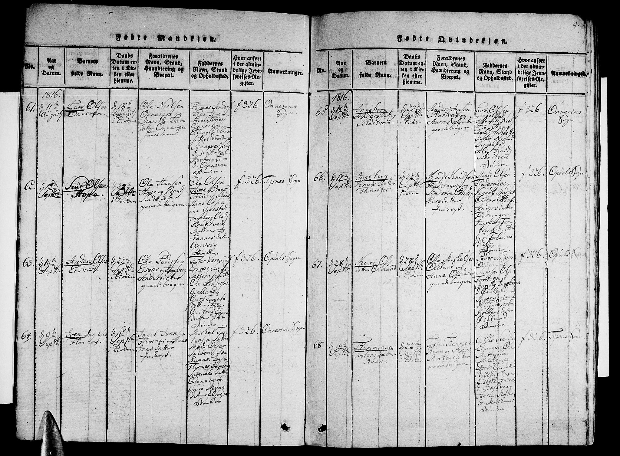 Tysnes sokneprestembete, AV/SAB-A-78601/H/Hab: Klokkerbok nr. A 1, 1816-1828, s. 9