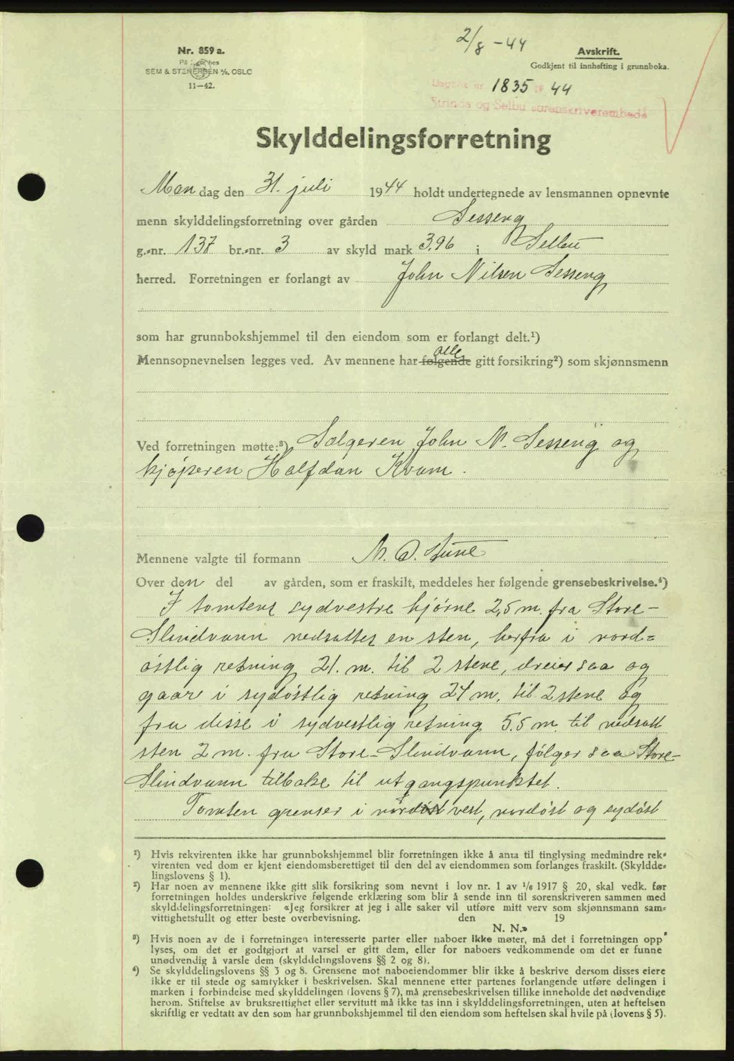 Strinda og Selbu sorenskriveri, SAT/A-0015/2/2C: Pantebok nr. A9, 1944-1945, Dagboknr: 1835/1944