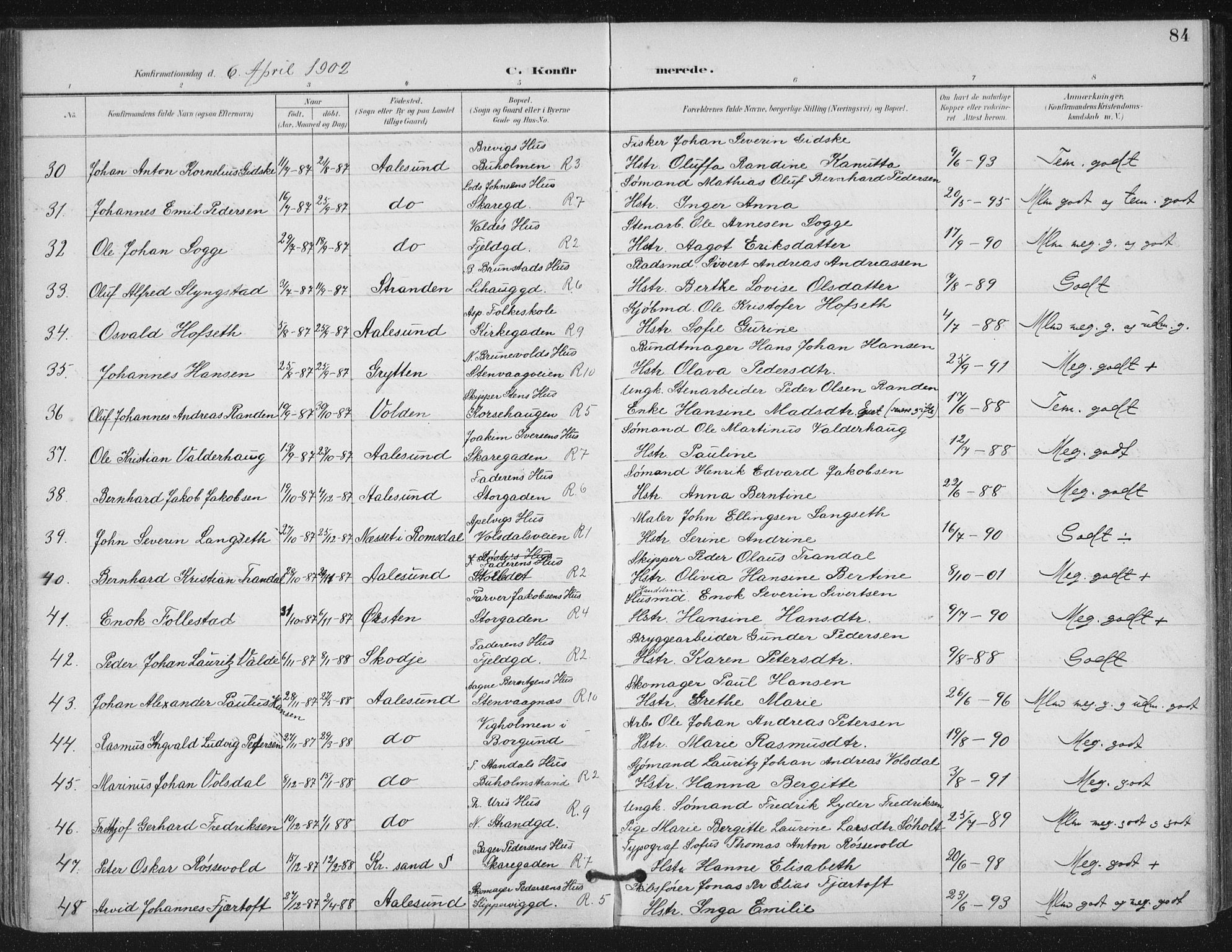 Ministerialprotokoller, klokkerbøker og fødselsregistre - Møre og Romsdal, AV/SAT-A-1454/529/L0457: Ministerialbok nr. 529A07, 1894-1903, s. 84