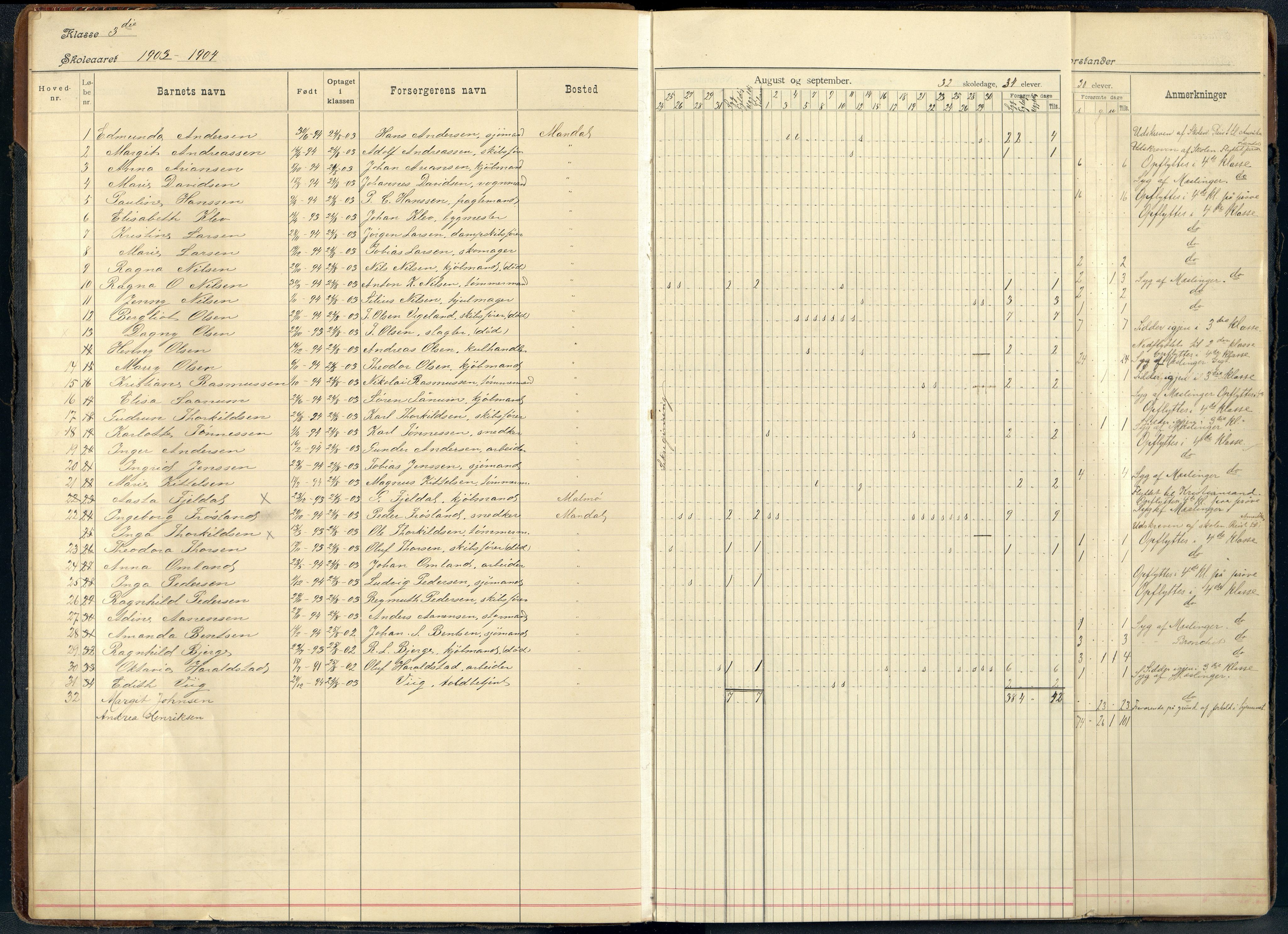 Mandal By - Mandal Allmueskole/Folkeskole/Skole, ARKSOR/1002MG551/I/L0017: Dagbok, 1902-1916