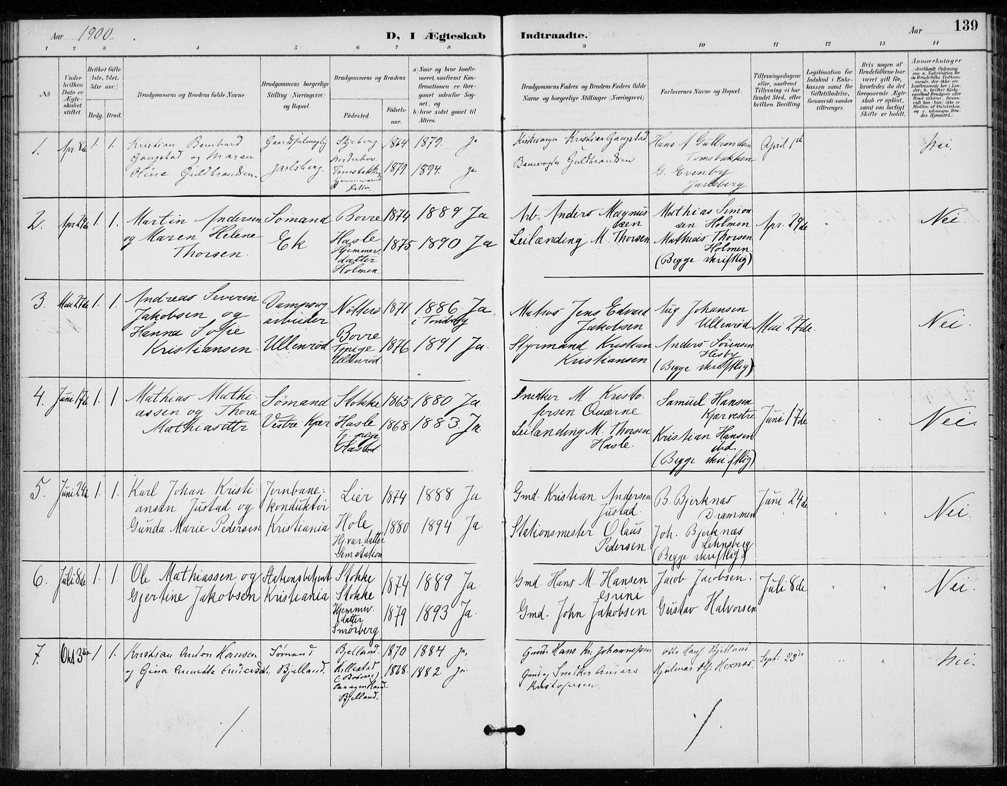 Sem kirkebøker, AV/SAKO-A-5/F/Fa/L0011: Ministerialbok nr. I 11, 1888-1904, s. 139