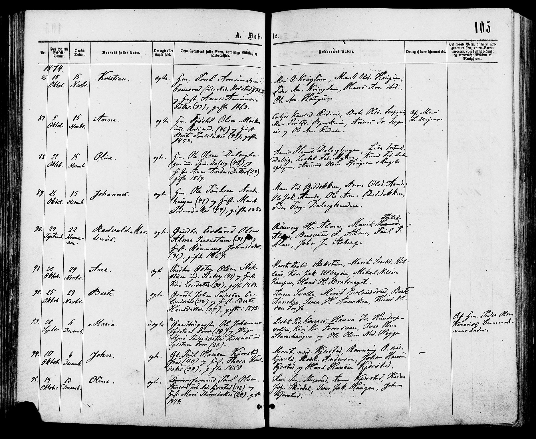 Sør-Fron prestekontor, AV/SAH-PREST-010/H/Ha/Haa/L0002: Ministerialbok nr. 2, 1864-1880, s. 105