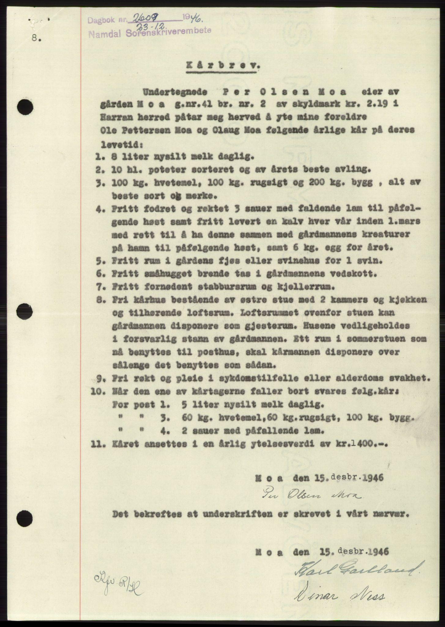 Namdal sorenskriveri, SAT/A-4133/1/2/2C: Pantebok nr. -, 1946-1947, Dagboknr: 2609/1946