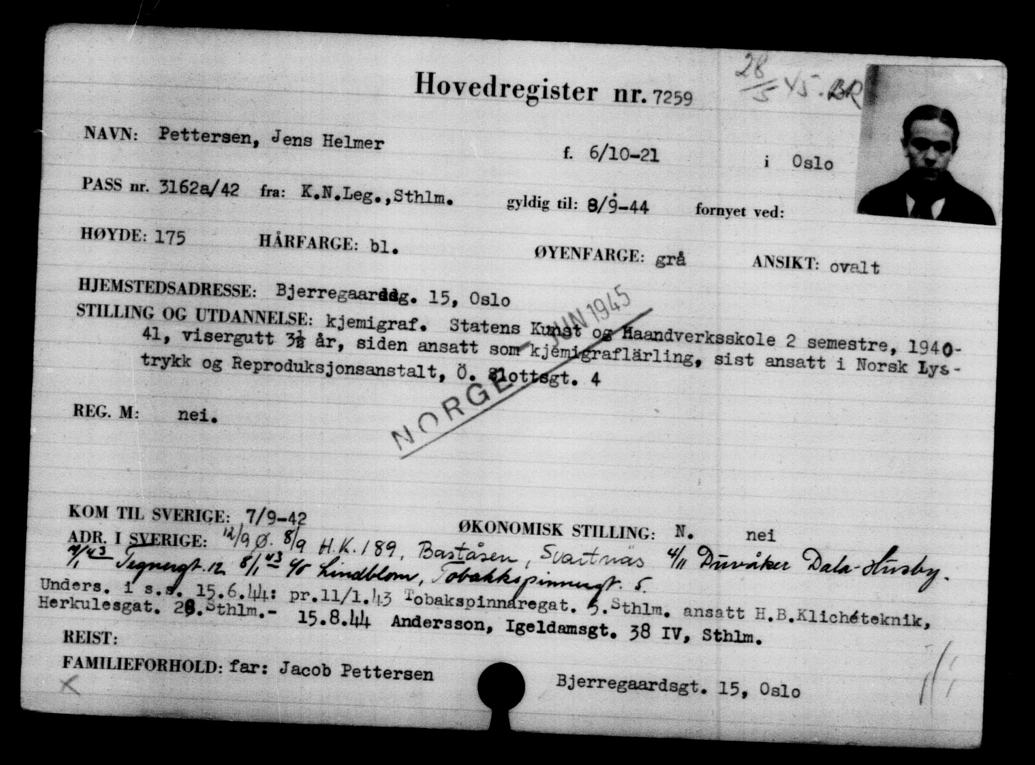 Utenriksstasjonene, Legasjonen i Stockholm, Flyktningkontoret, AV/RA-S-6753/V/Va/L0005: Kjesäterkartoteket, flyktning nr. 6600-9417, 1940-1945, s. 781
