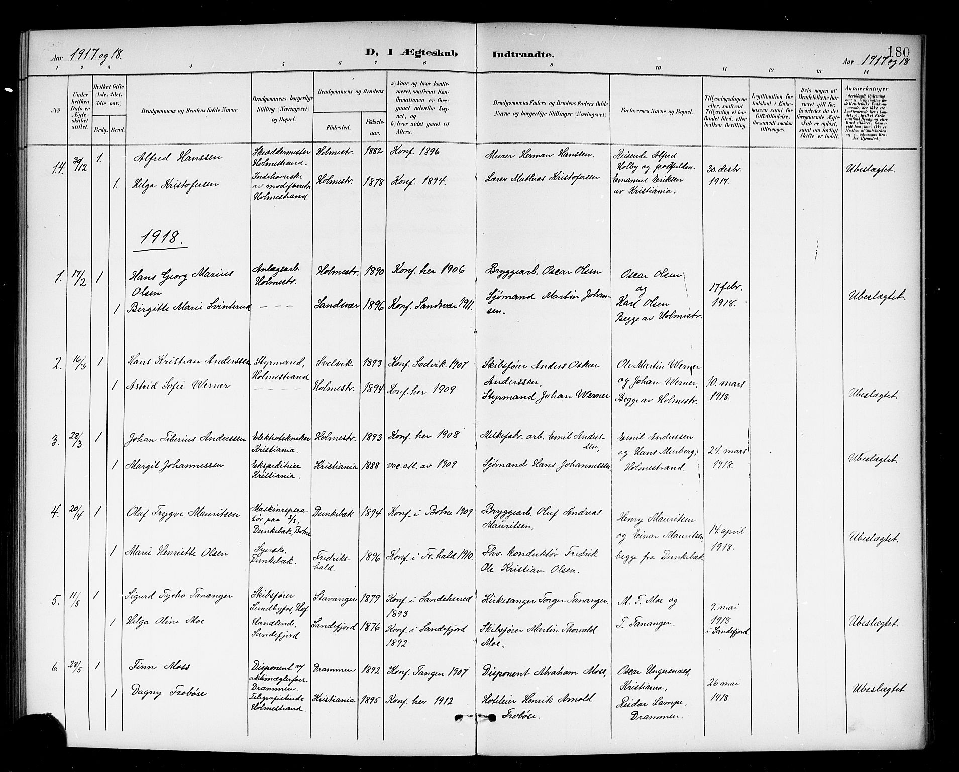 Holmestrand kirkebøker, SAKO/A-346/G/Ga/L0006: Klokkerbok nr. 6, 1901-1923, s. 180