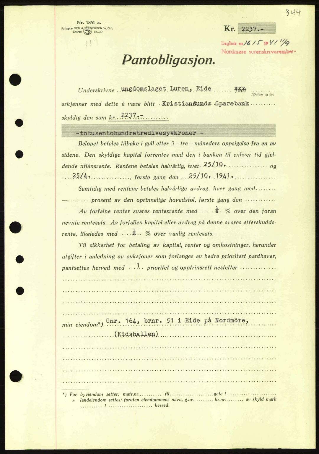 Nordmøre sorenskriveri, AV/SAT-A-4132/1/2/2Ca: Pantebok nr. B88, 1941-1942, Dagboknr: 1615/1941